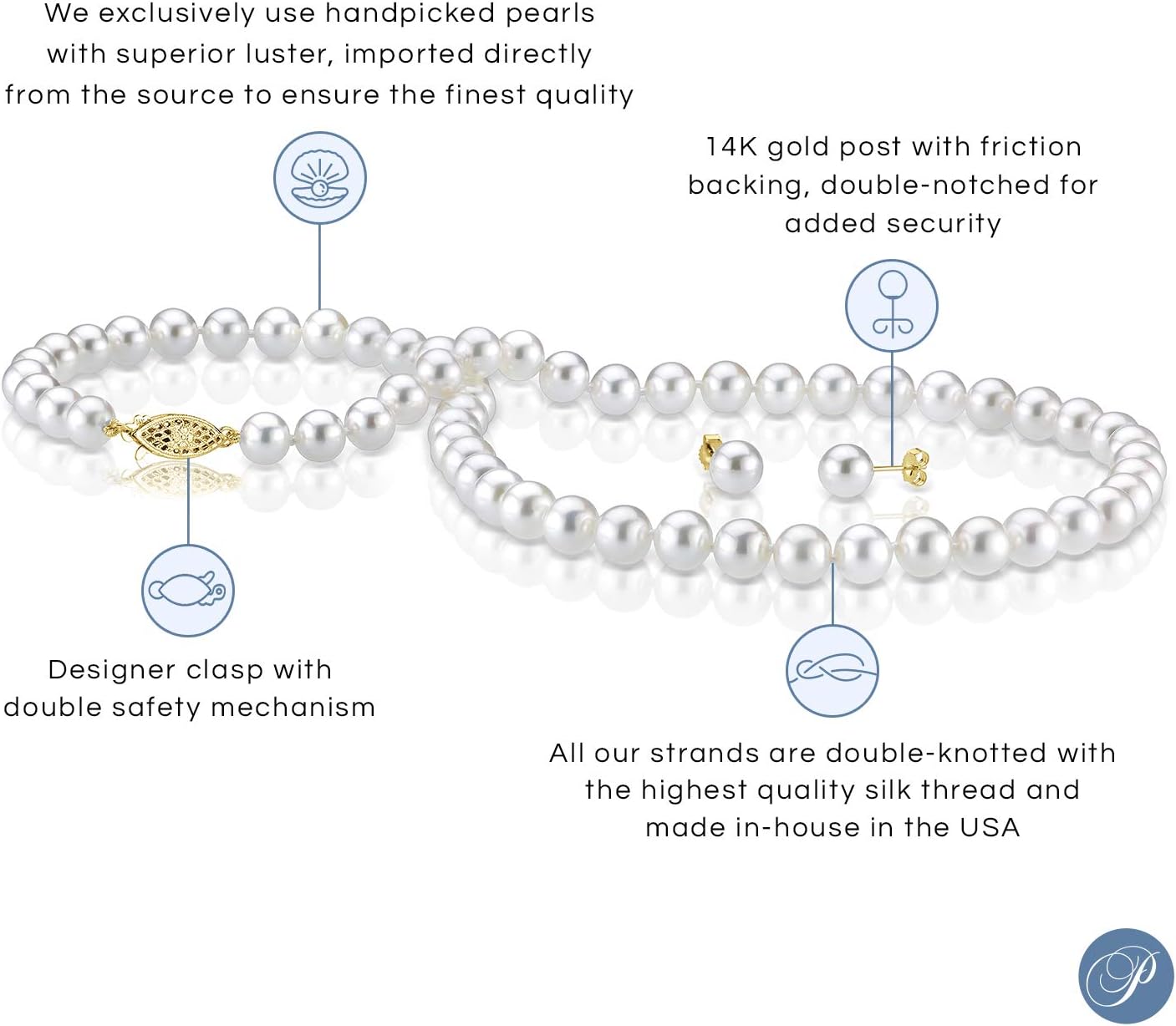 The Pearl Source 14K Gold Round White Akoya Cultured Pearl Necklace & Earrings Set in 18" Princess Length for Women