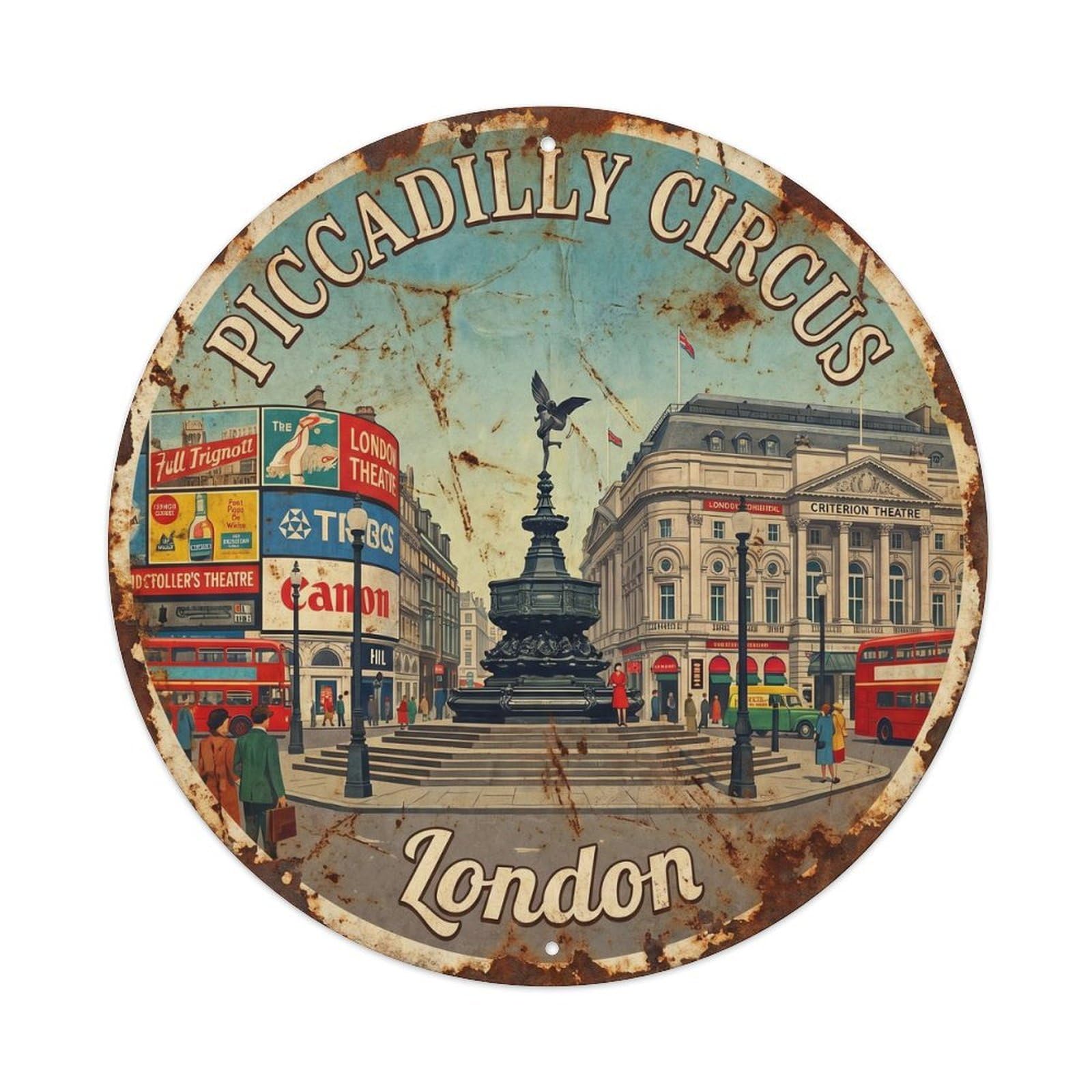Vintage Travel Piccadilly Circus London Metal Tin Sign Plaque Wall Decor for Cafe, Club Bar, Office, Home Garden Round Metal Poster 8x8Inch