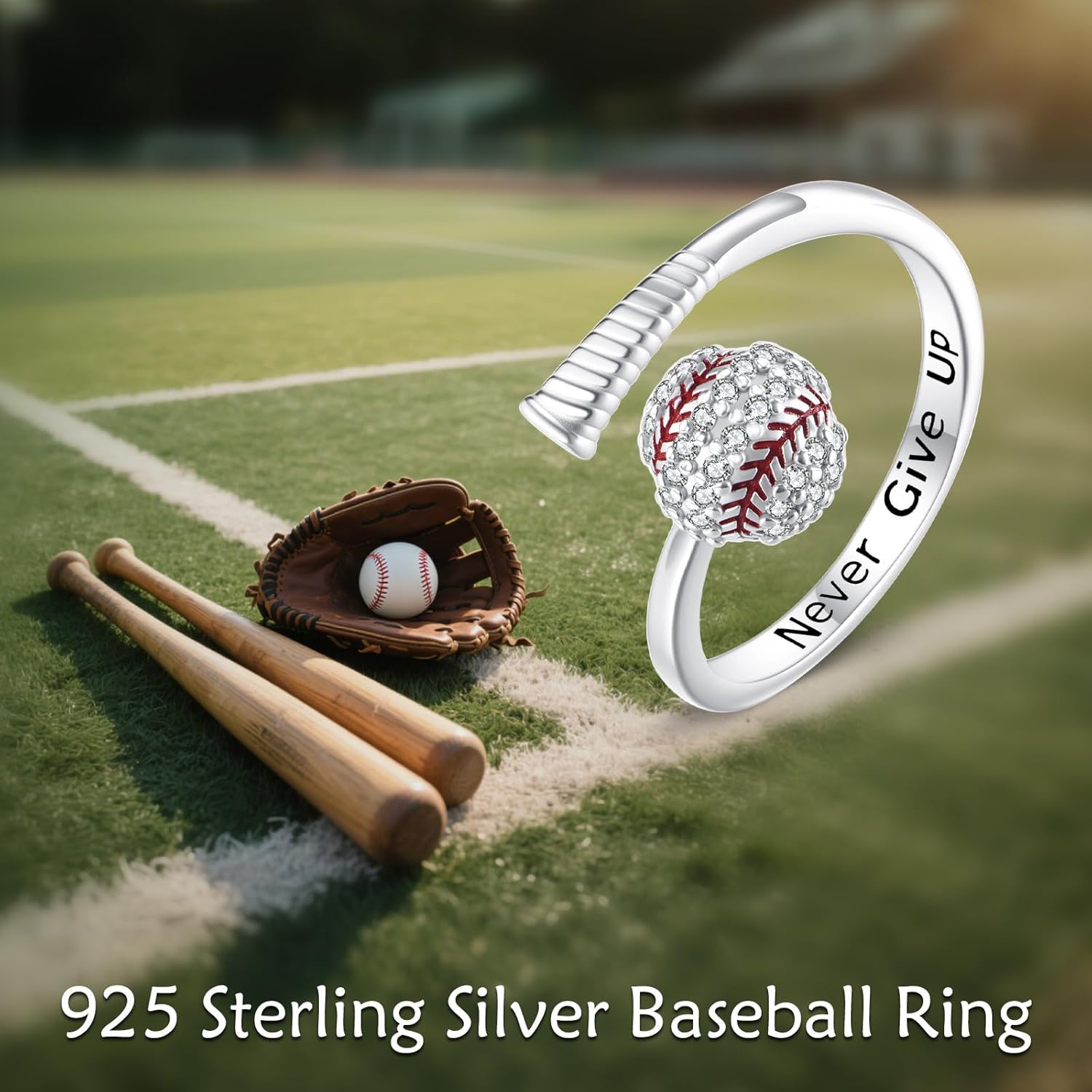 URONE Baseball Rings 925 Sterling Silver Open Ring Baseball Sport Jewelry Gift for Women - Image 6