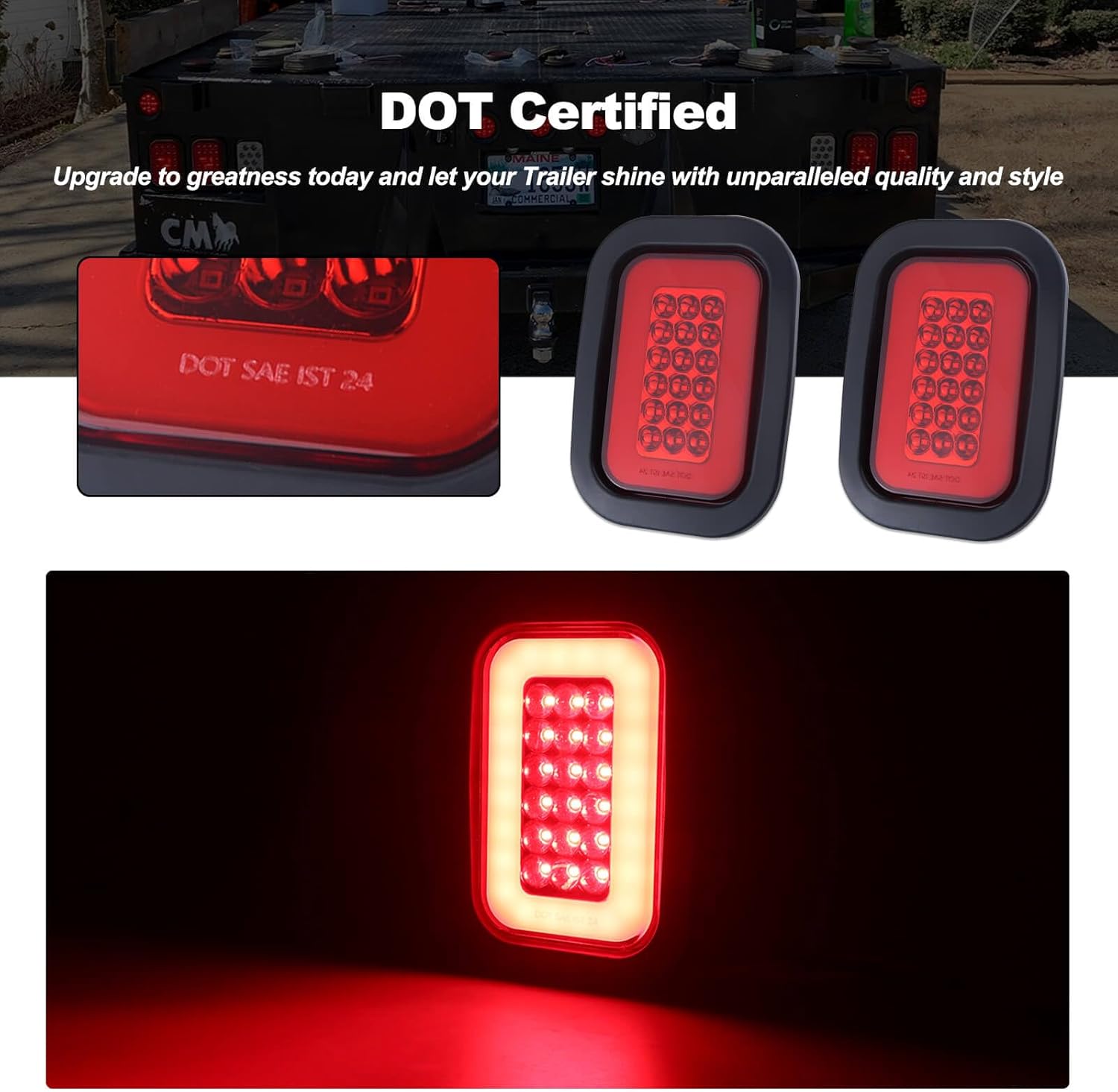 5x3 Rectangle LED Stop Brake Turn Tail Lights Halo LED Red Lens Flatbed Truck Trailer Hitch Tail Lights w/Rubber Grommet 3 Prong Trailer Wire Pigtails Plug 2Pcs