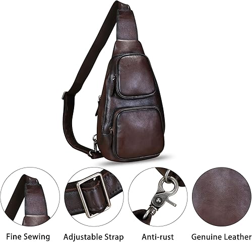 Miniatura 6 de FEIGITOR Bolso bandolera de cuero genuino, mochila cruzada retro hecha a mano, bolsa de pecho para senderismo, ciclismo, riñonera