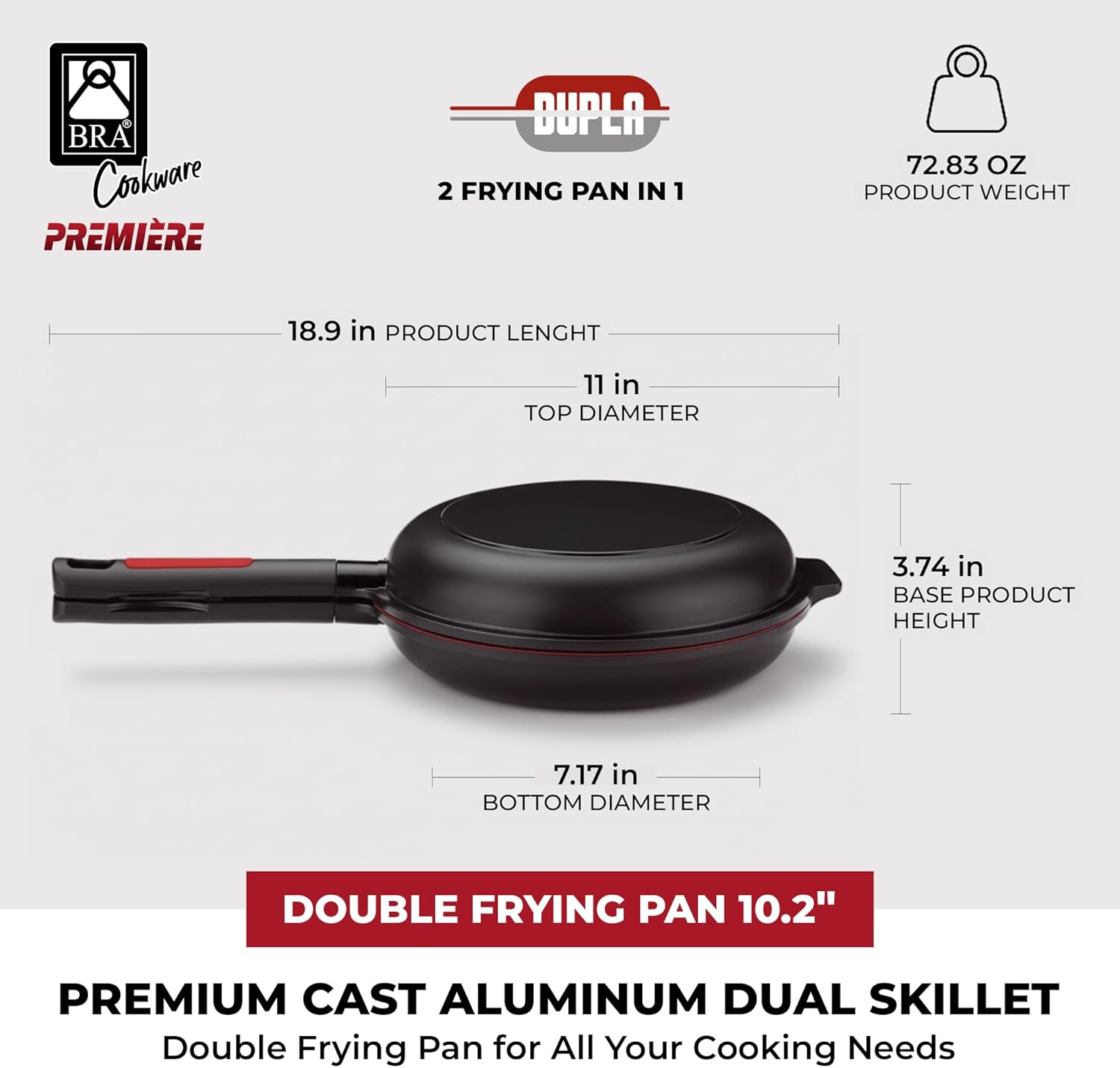 BRA COOKWARE Premiere Dual Skillet | 10.2 inches Double Frying Pan for Frittatas & Spanish Omelets | PFOA Free Triple Nonstick Coating | Full Induction Reversible Pan | Cast Aluminum Flip Skillet