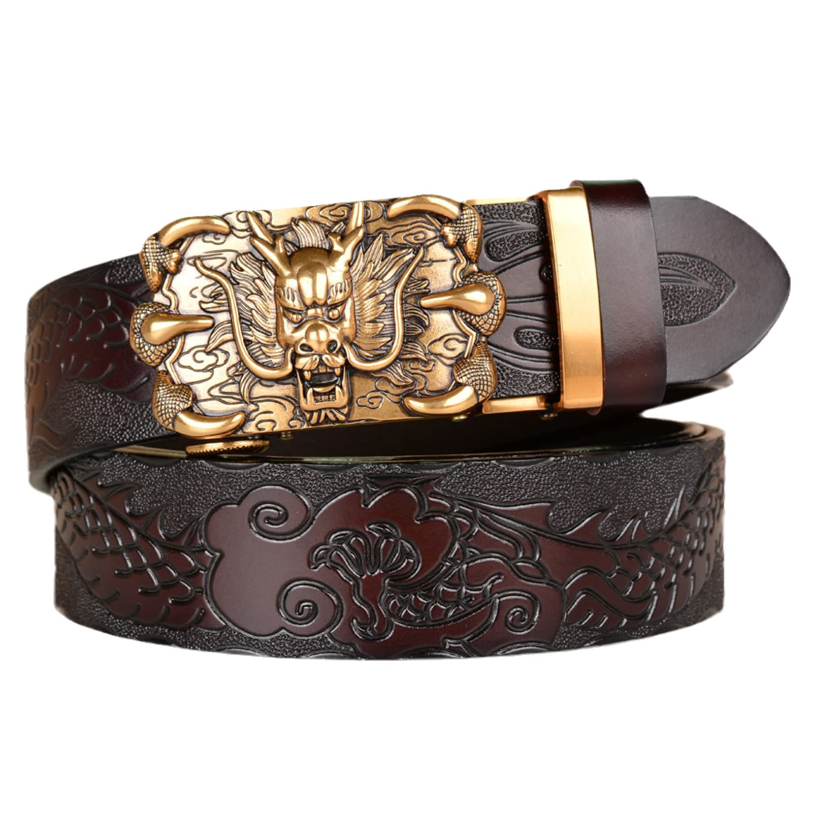 Ceinture à cliquet en cuir marron café pour homme de 130 cm avec boucle automatique griffe de dragon