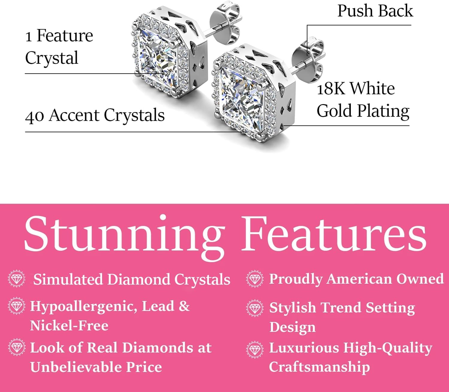Cate & Chloe Estelle 18k White Gold-Plated Stud Earrings with Simulated Diamond Crystals, Elegant Wedding Anniversary Jewelry for Women, Giftable Accessory for Her on Christmas, Birthday, Anniversary