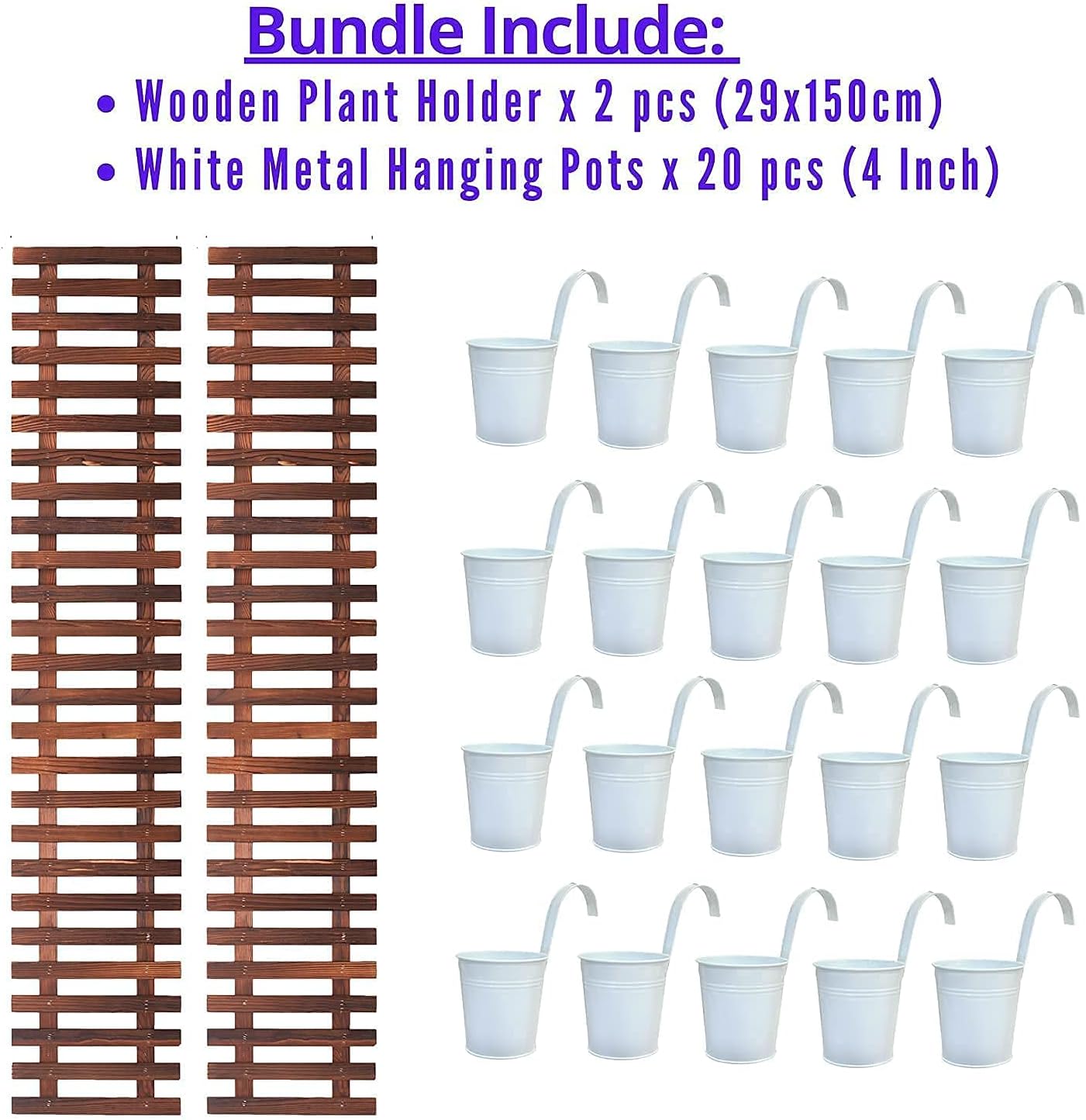 ShopLaLa Bundle - 4 Inch Metal Pots + 2 Wooden Plants Holders, Great Value Pack to Create Vertical Garden, Herb Planters, Green Wall, Vertical Planters