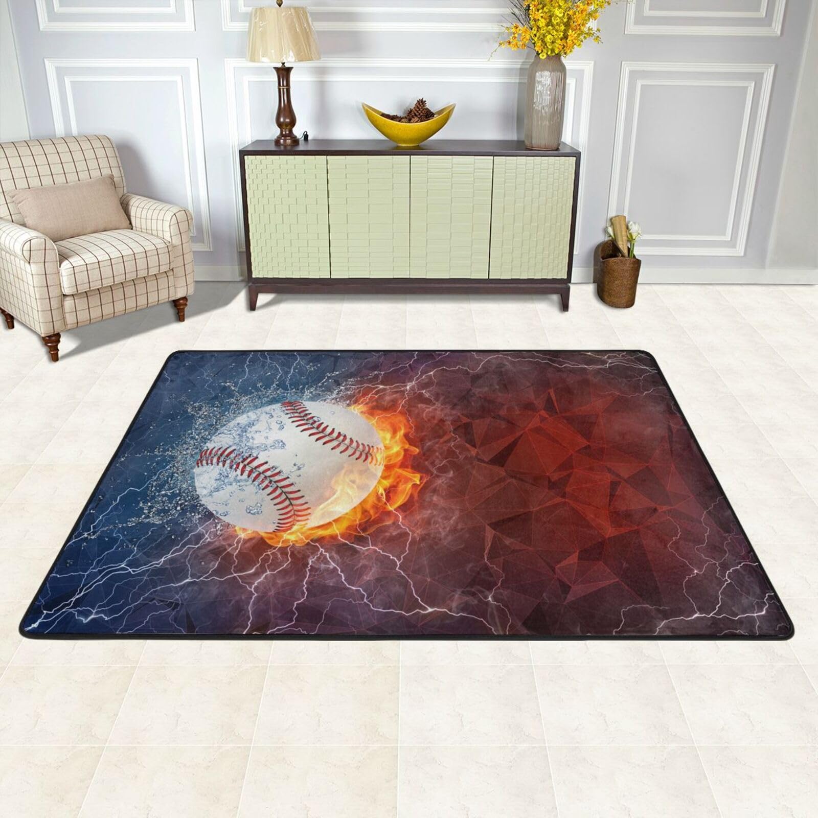 Fire Water Baseball Area Rug for Living Room, Baseball Washable Carpet for Bedroom, Indoor Outdoor Non-Slip Rugs, Modern Room Decor 6'x4'