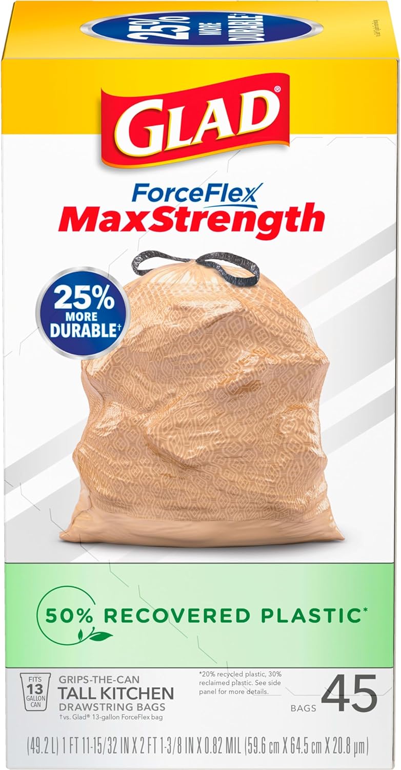 Glad Tall Kitchen Trash Bags 13 Gallon, MaxStrength Recovered Plastic Garbage Bags, Odorshield with Drawstring, 45 Count