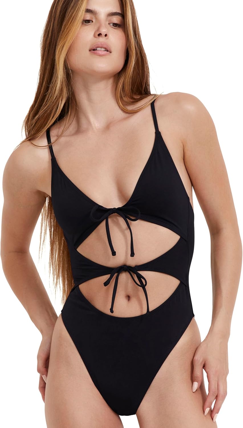Women’s Black Double Cut Out One-Piece Elegant Swimsuit with U Back and Removable Soft Cups Swim Essential - Image 2