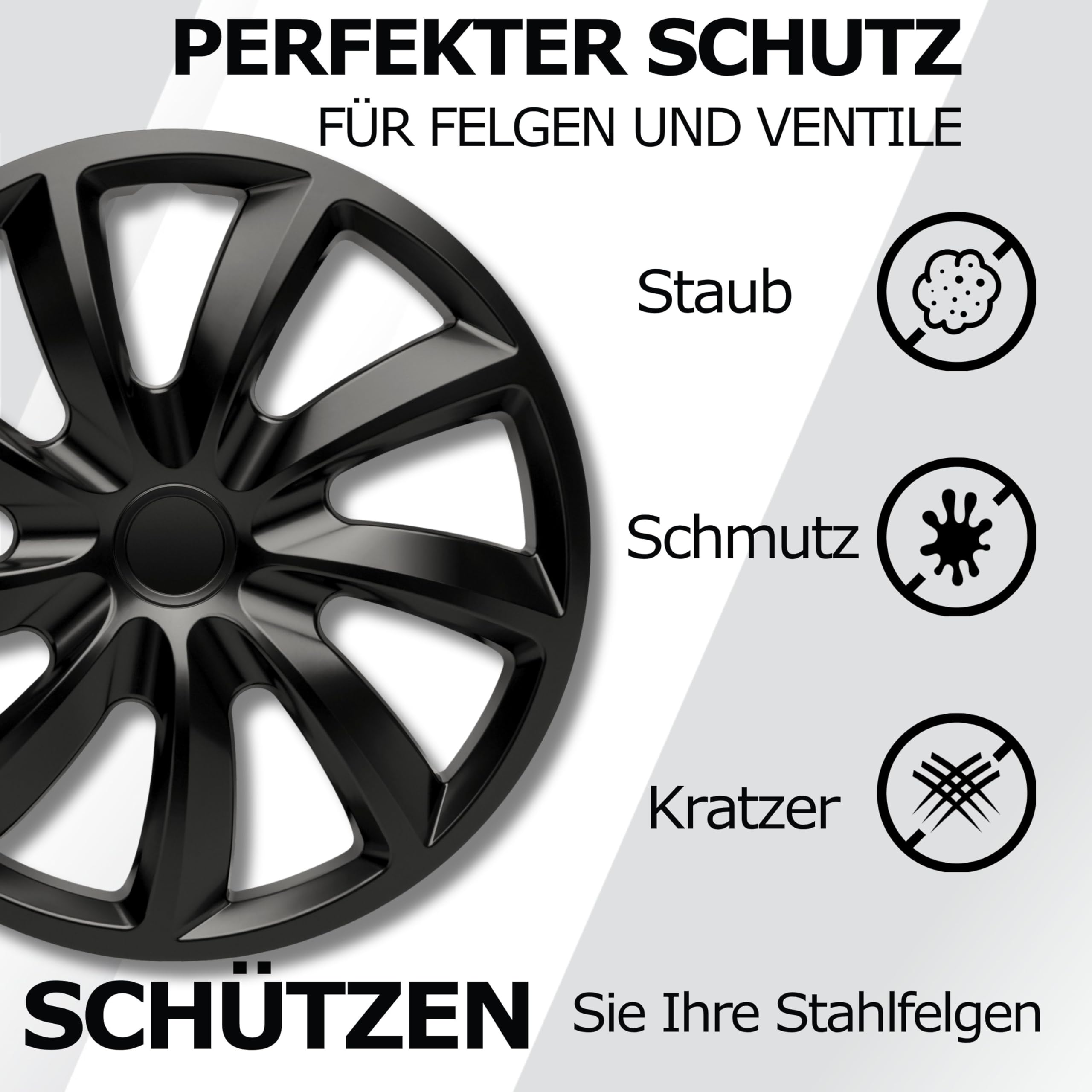 Radkappen 16 Zoll Schwarz Radzierblenden 4er-Set Aqua für Stahlfelgen | Zierkappen, Radblenden & Felgenabdeckung, rostfrei & witterungsbeständig, einfache Clip-Montage, für die meisten Automarken