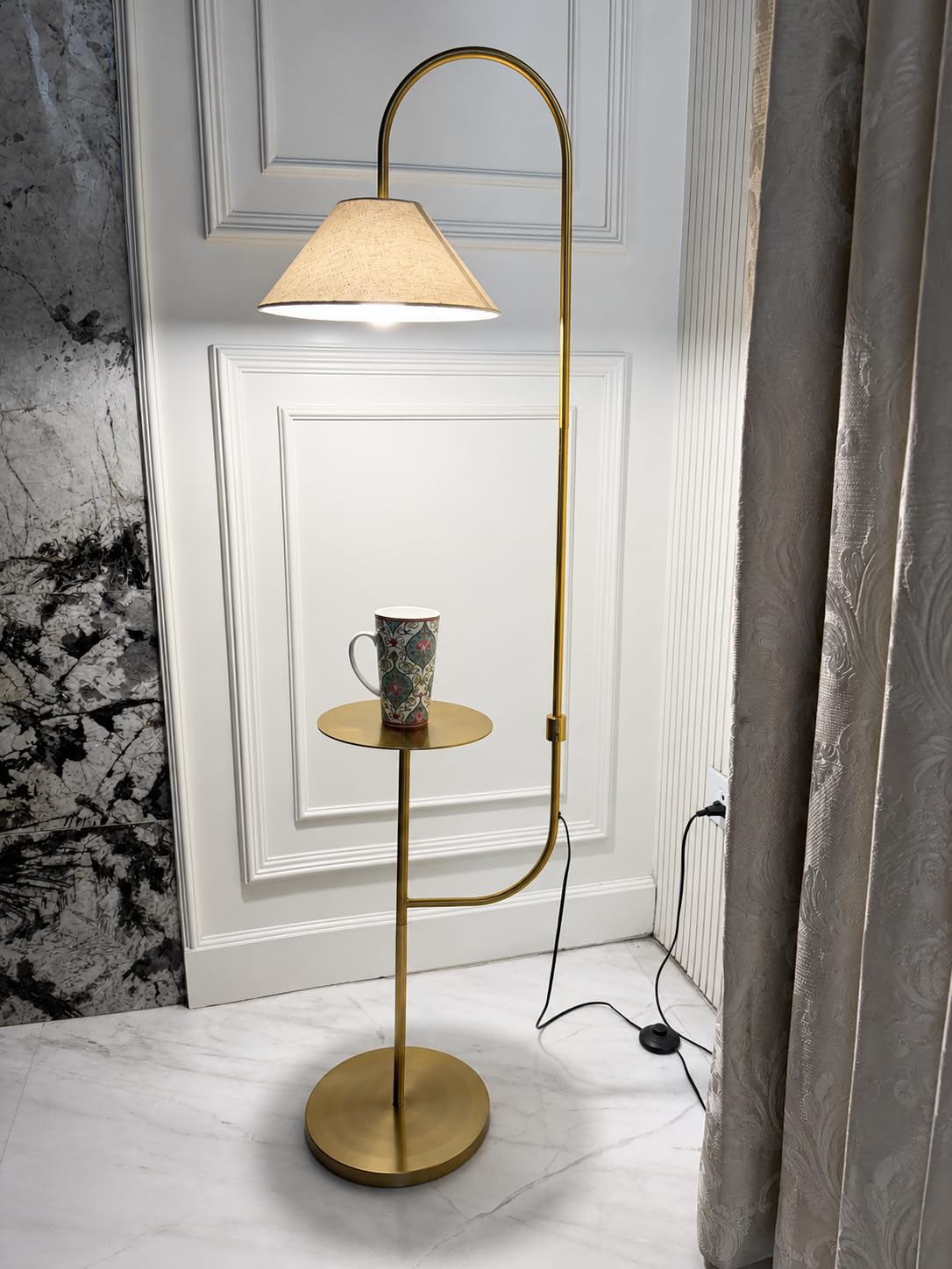Modern Table Shelf LED Floor Lamp Standing Brass Gold Finish 5ft Height with Shelf Diameter 10inches Home Decoration, Living Room and Beige Lampshade (Pack of 1)-image-37