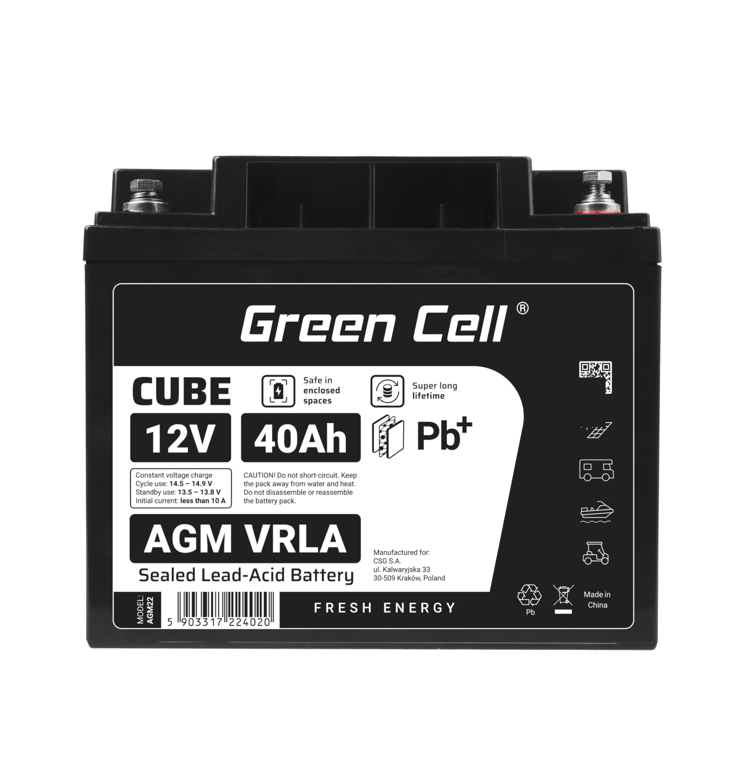 Green Cell AGM 12 V 40 Ah z akumulatorem IP54, z włókniny, VRLA, akumulator ołowiowy, odporny na cykle, bezobsługowy, do przyczep kempingowych, fotowoltaicznych, wózków inwalidzkich, akumulator