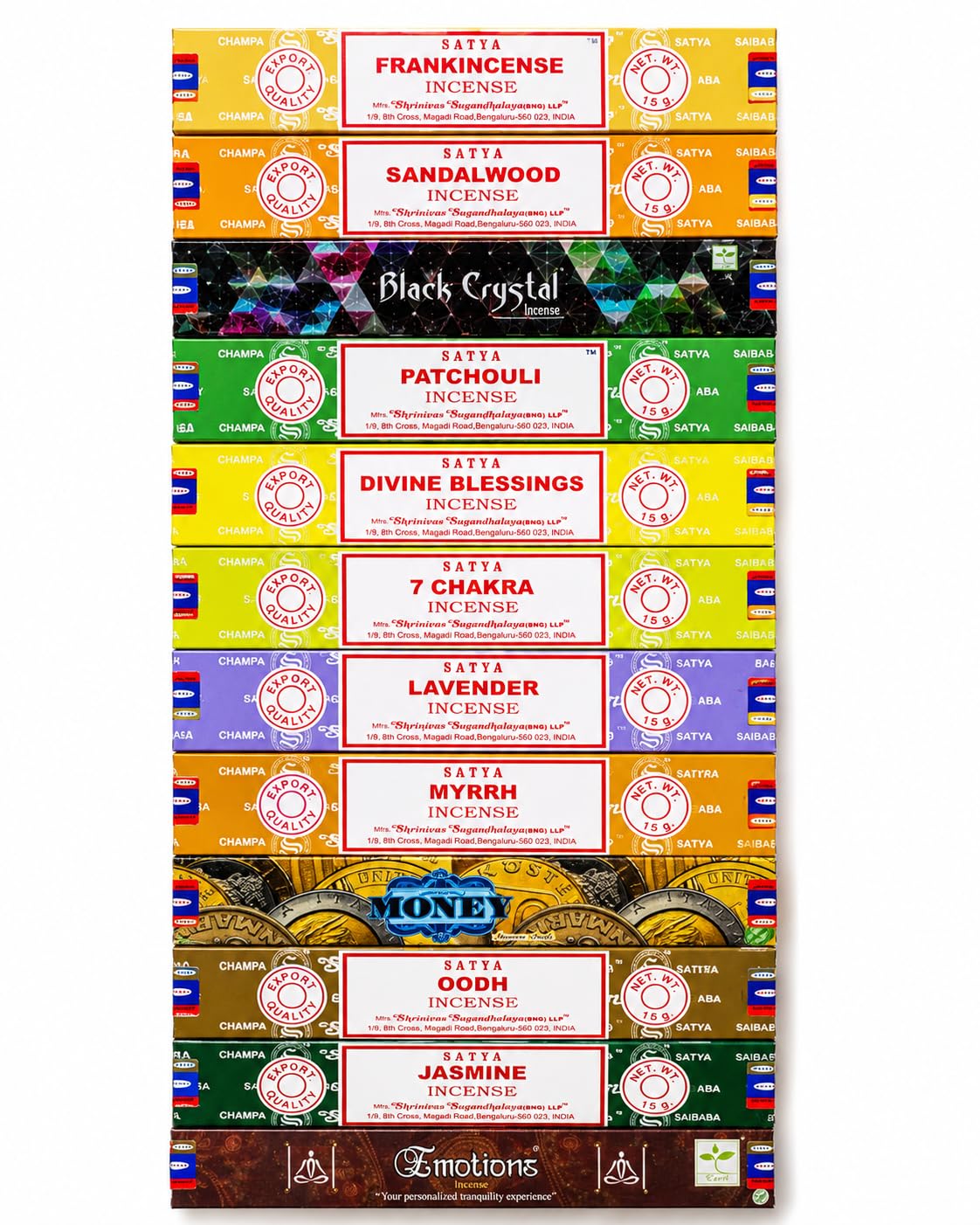 Satya Assorted Incense Sticks Gift Set - 12 Pack Collection (180g) | Jasmine, Oodh, Sandalwood, Frankincense, Lavender & More | Hand Rolled Aromatic Incense Sticks