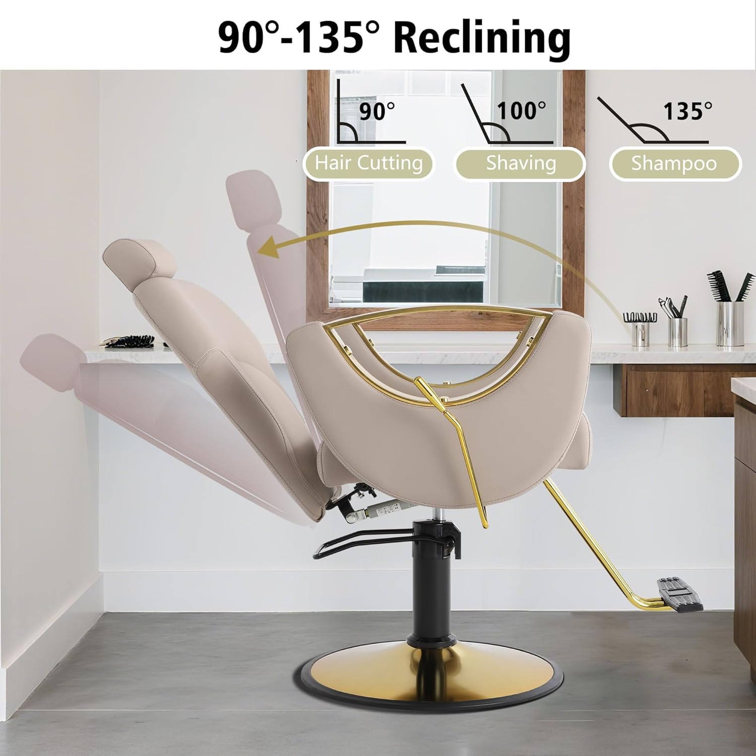 Drmilito Poltrona da Parrucchiere Sedia da Barbiere Reclinabile 90°-135° con Regolabile Poggiatesta Schienale Altezza,Girevole a 360°,per Parrucchiere Salone di Bellezza Tatuaggi (Beige) - 4