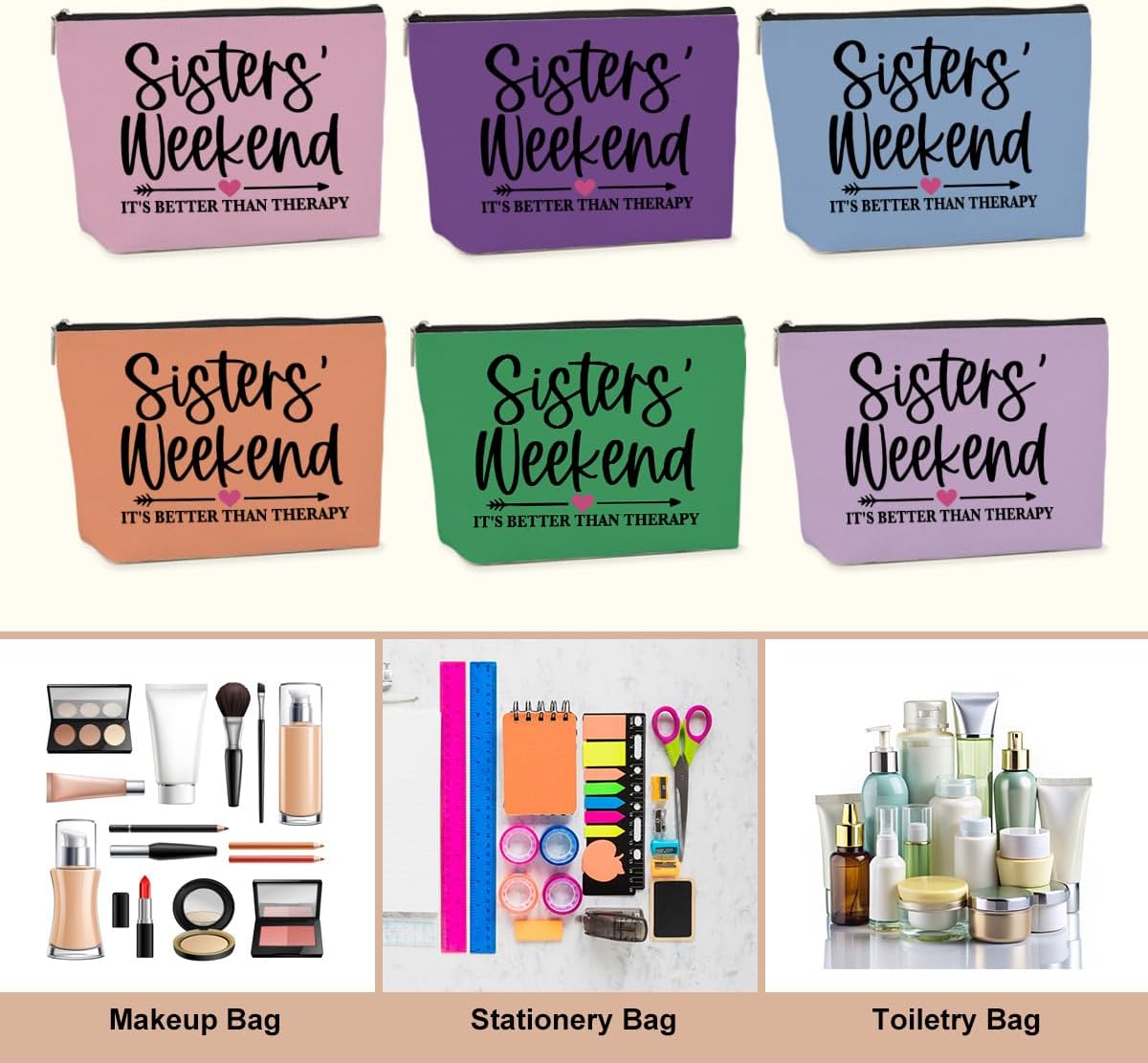 6 PCS Sister Gifts Girls Trip Gifts Favors Girls Trip Makeup Bag Girls Weekend Gifts for Women Girls Weekend Gifts Ideas for Friend Cosmetic Bag Weekender Bag for Women Christmas Holiday Vacation - Image 5