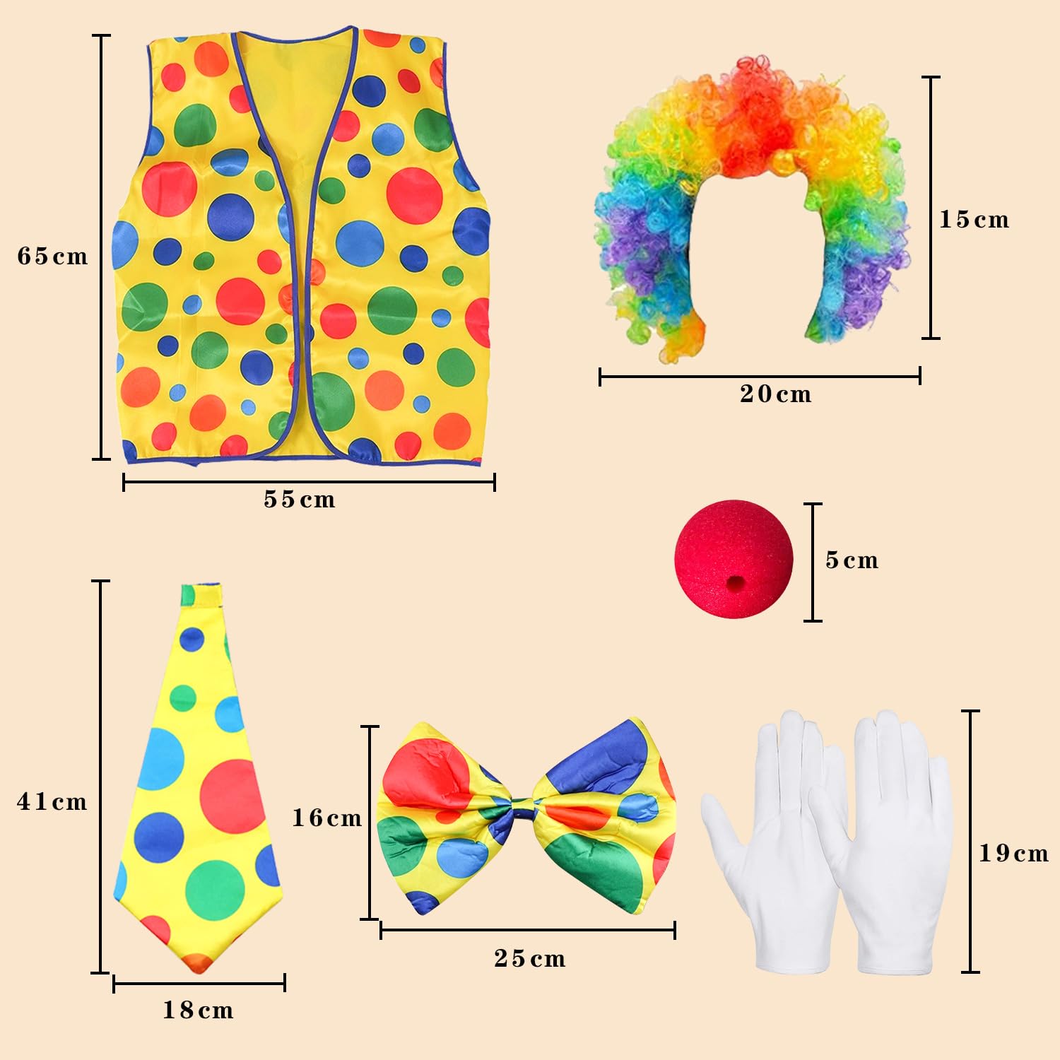 RmKbe 6pcs Clown Costume Kit Rainbow Clown Wig Clown Vest Clown Bow Tie Clown Nose White Gloves Clown Dress Up Costume Accessories for Halloween Party - Image 2