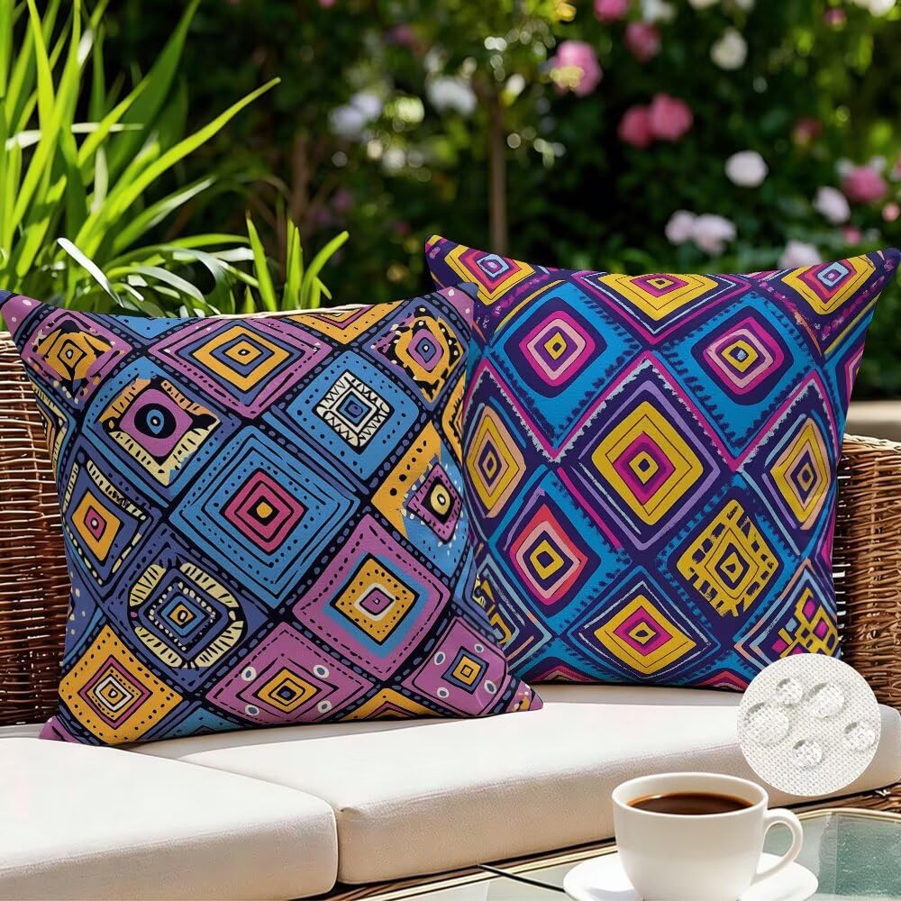 Outdoor Cushions Waterproof Abstract Cushion Covers 35cm x 35cm Set of 2 Boho Garden Cushions Geometric Cushion Cover Decorative Pillows Linen Throw Pillow Case for Couch Sofa Patio Garden (IU213)