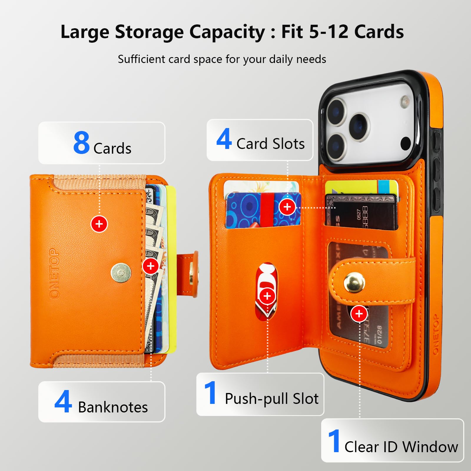ONETOP Custodia a portafoglio magnetica staccabile per iPhone 17 Pro Max | Custodia per portafoglio Magsafe 2 in 1, 12 carte/contanti, ricarica wireless, cavalletto con blocco RFID in pelle PU