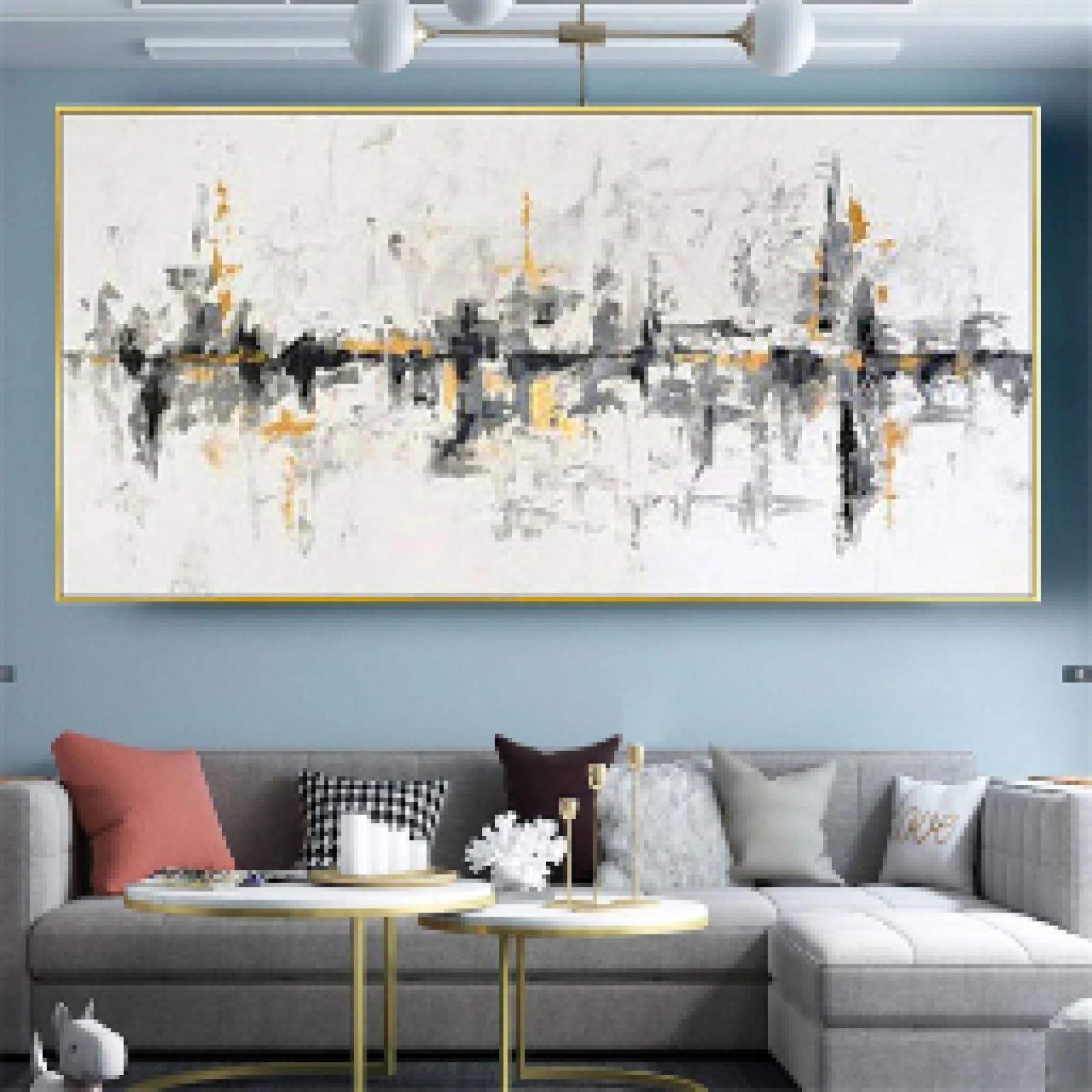 Quadro Su Tela Extra Large UUDEZO Con Nuvole Astratte In Grigio E Oro – Tela 75x150 Cm Con Cornice Nera, Pronto Da Appendere Per Soggiorno