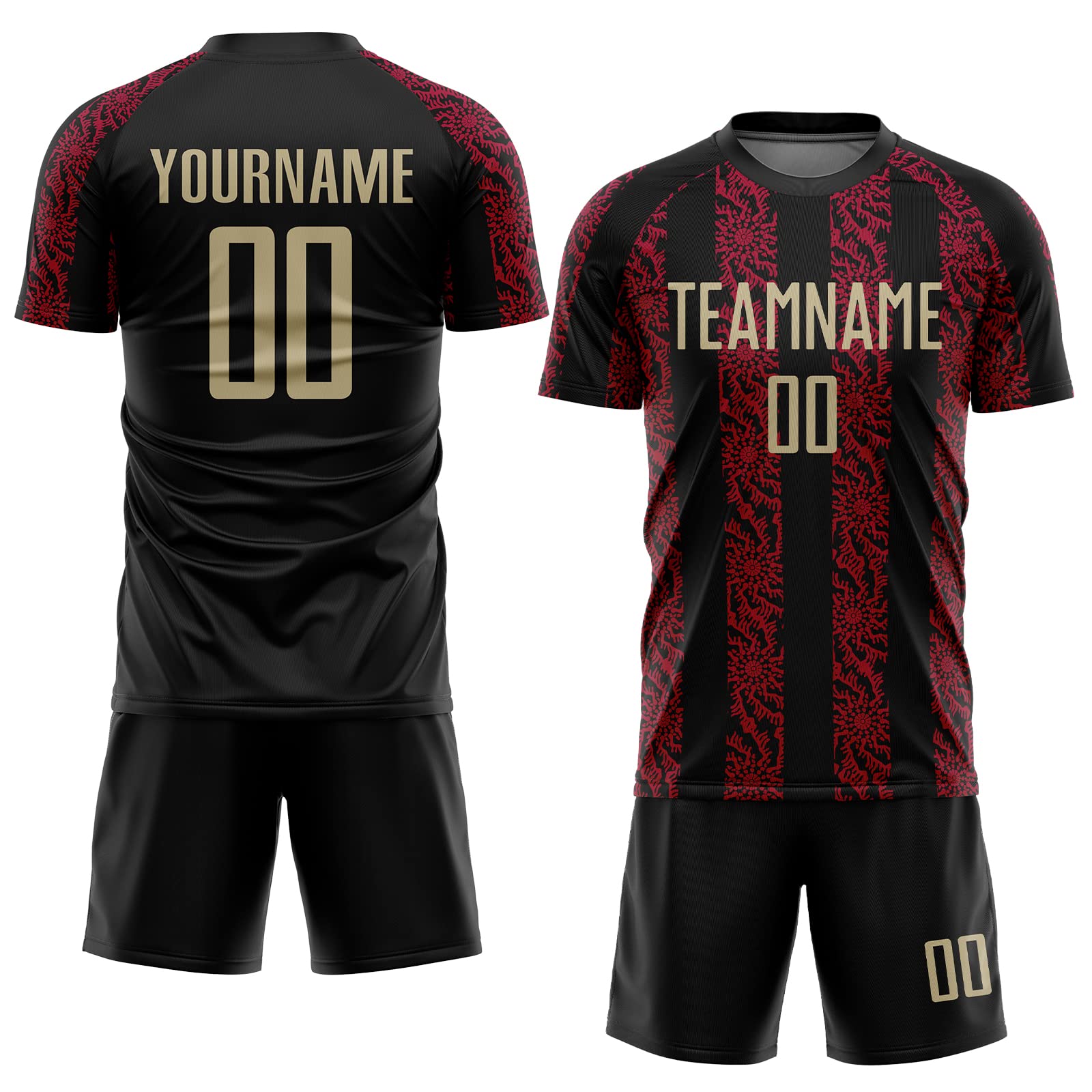 Custom Soccer Team Jerseys with Black and Red Vertical Stripes Pattern, Design Your Own Printed Name Number Practice T-Shirt & Shorts, Personalized Football Club Uniforms for Men Women Teens Boys