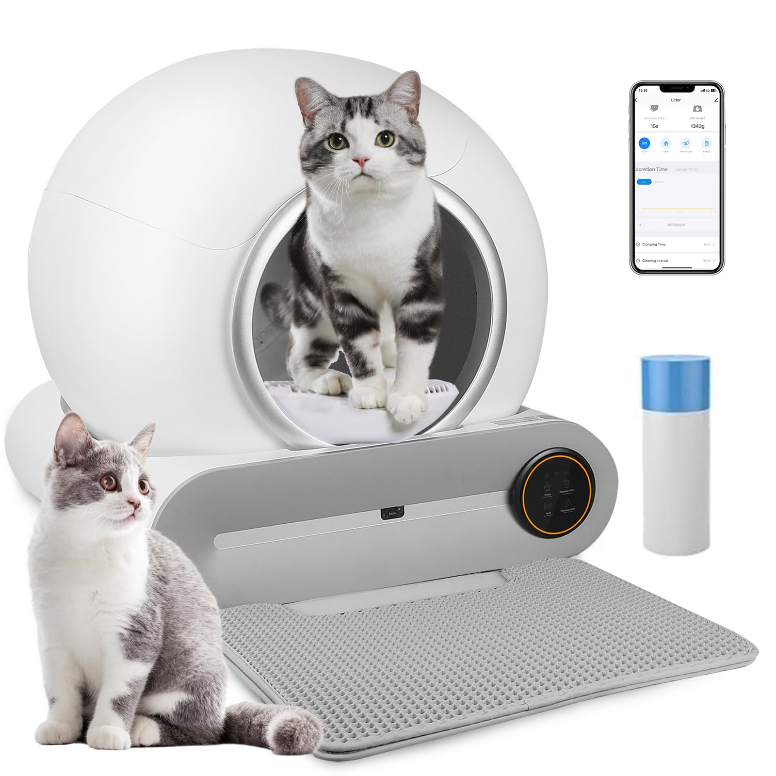 Litière Autonettoayante pour Chat, Robot Nettoyeur Automatique avec Contrôle APP, Anti-pincement/Désodorisant ionique/Moniteur de santé/avec Tapis, 65L+9L, Amélioré