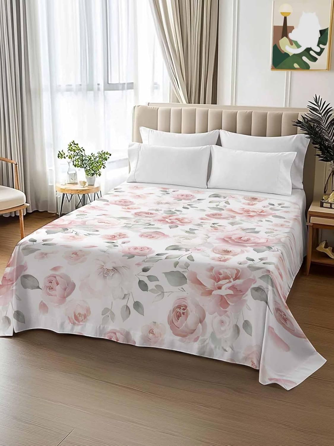 King Size Flat Sheet Only,Retro Farmhouse Blossoms Flower with Leaf Soft Top Bed Sheets Breathable Bedding Sheet Elegant Floral Microfiber Hotel Luxury Top Sheets
