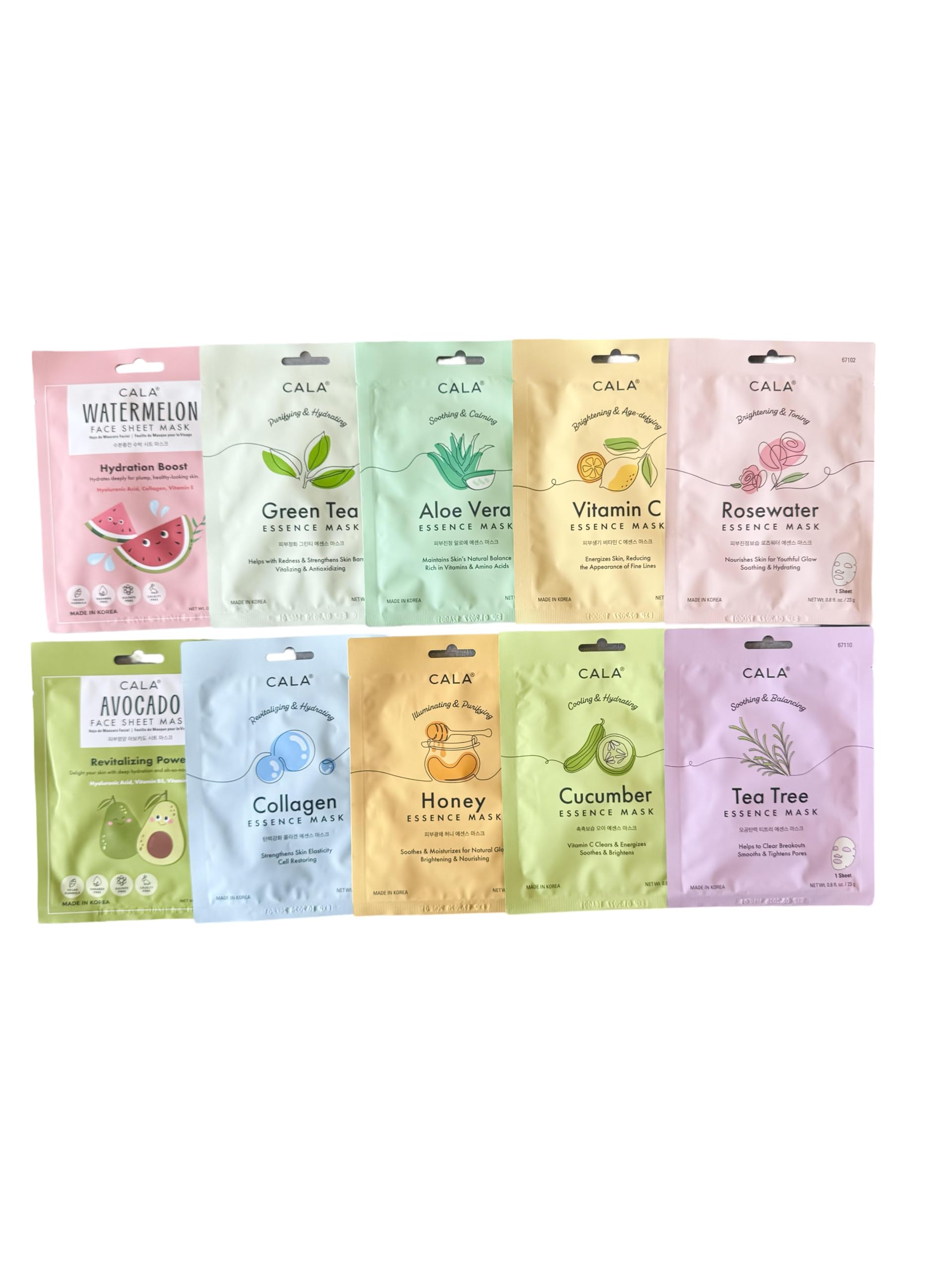 Cala Essence Korean Face Masks - Mascarillas Para La Cara Facial | Purifying, Illuminating, Soothing, Moisturizing, Revitalizing and More | 10pk Korean Skin Care Set