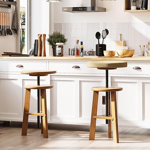 Miniatura 6 de Taburete de dibujo de bambú de altura ajustable con asiento acolchado de lona de 19 a 26 pulgadas, silla de dibujo giratoria para dibujo, pintura,