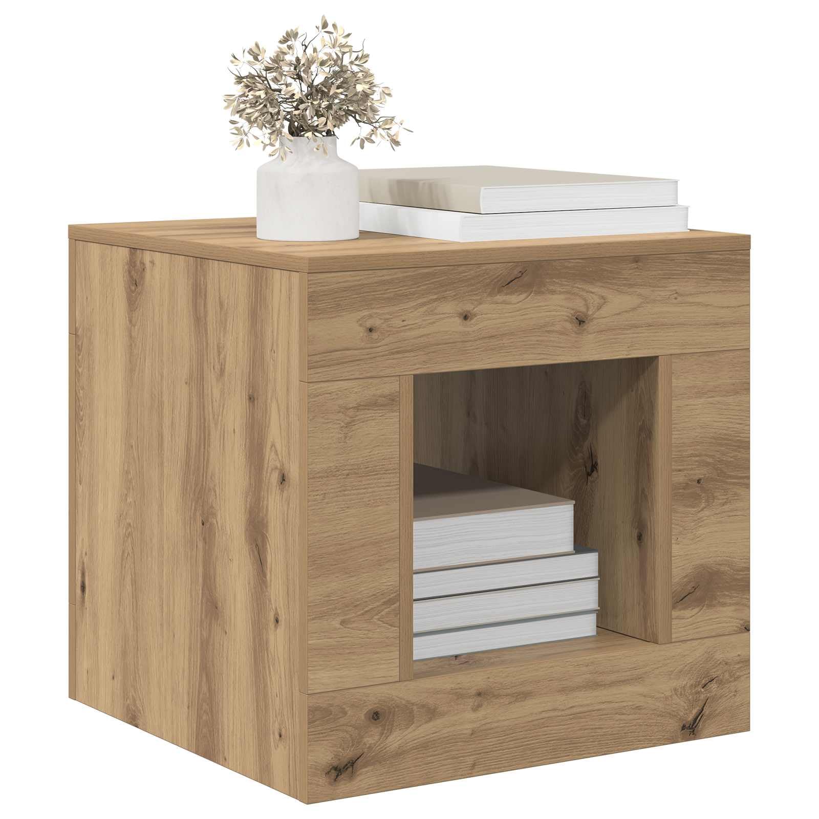 Couchtisch Artisan-Eiche 51,5 x 50 x 50 cm Wohnzimmertisch mit Stauraum und Ablagefach, kompakter Sofatisch für Wohnzimmer, Beistelltisch mit Regalboden für Deko und Ordnung