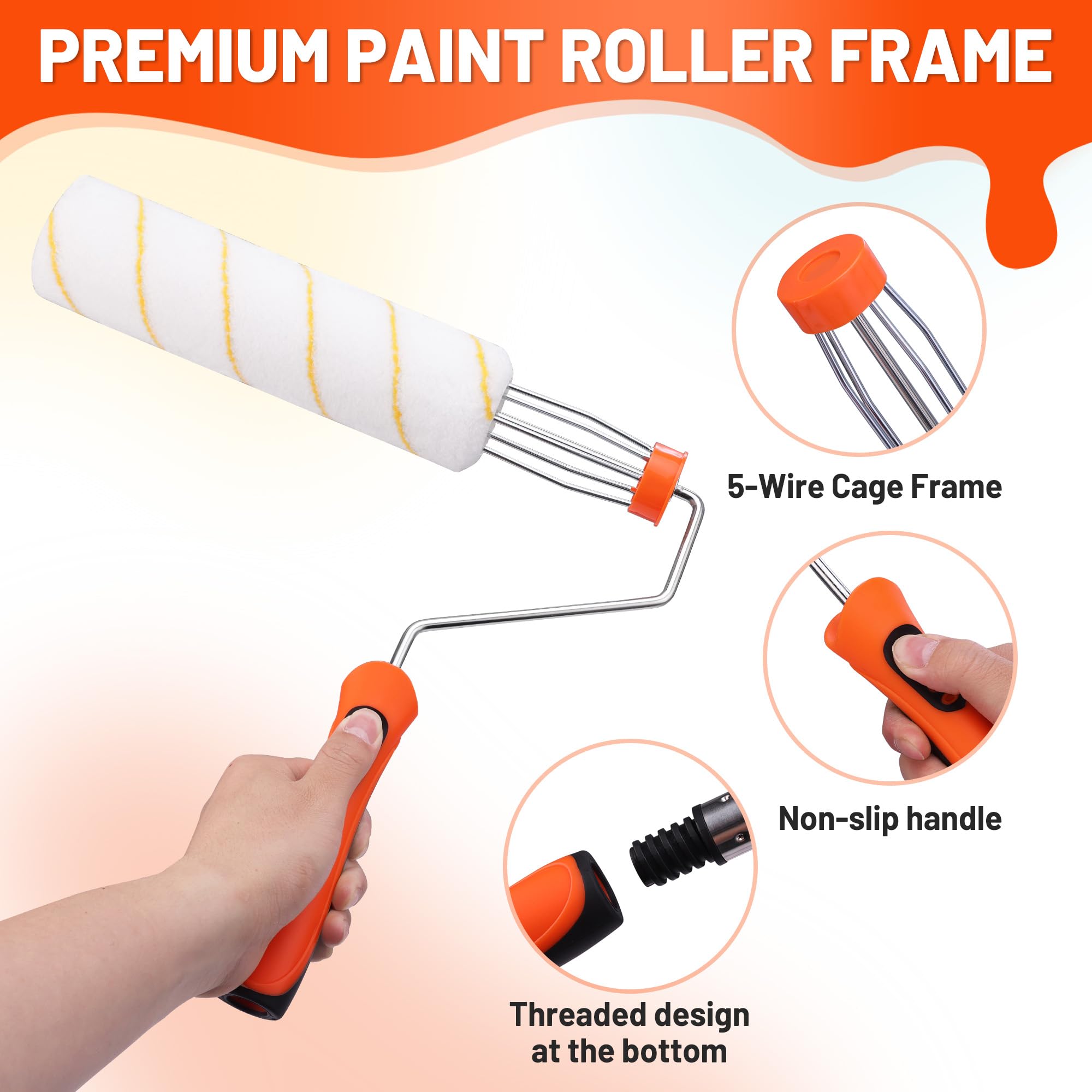 ValueMax Kit de 12 rodillos de pintura con bandeja, marcos de rodillo de 9 y 4 pulgadas, 6 fundas de repuesto de microfibra de 3/8 pulgadas, 3 postes de extensión de acero inoxidable, para paredes