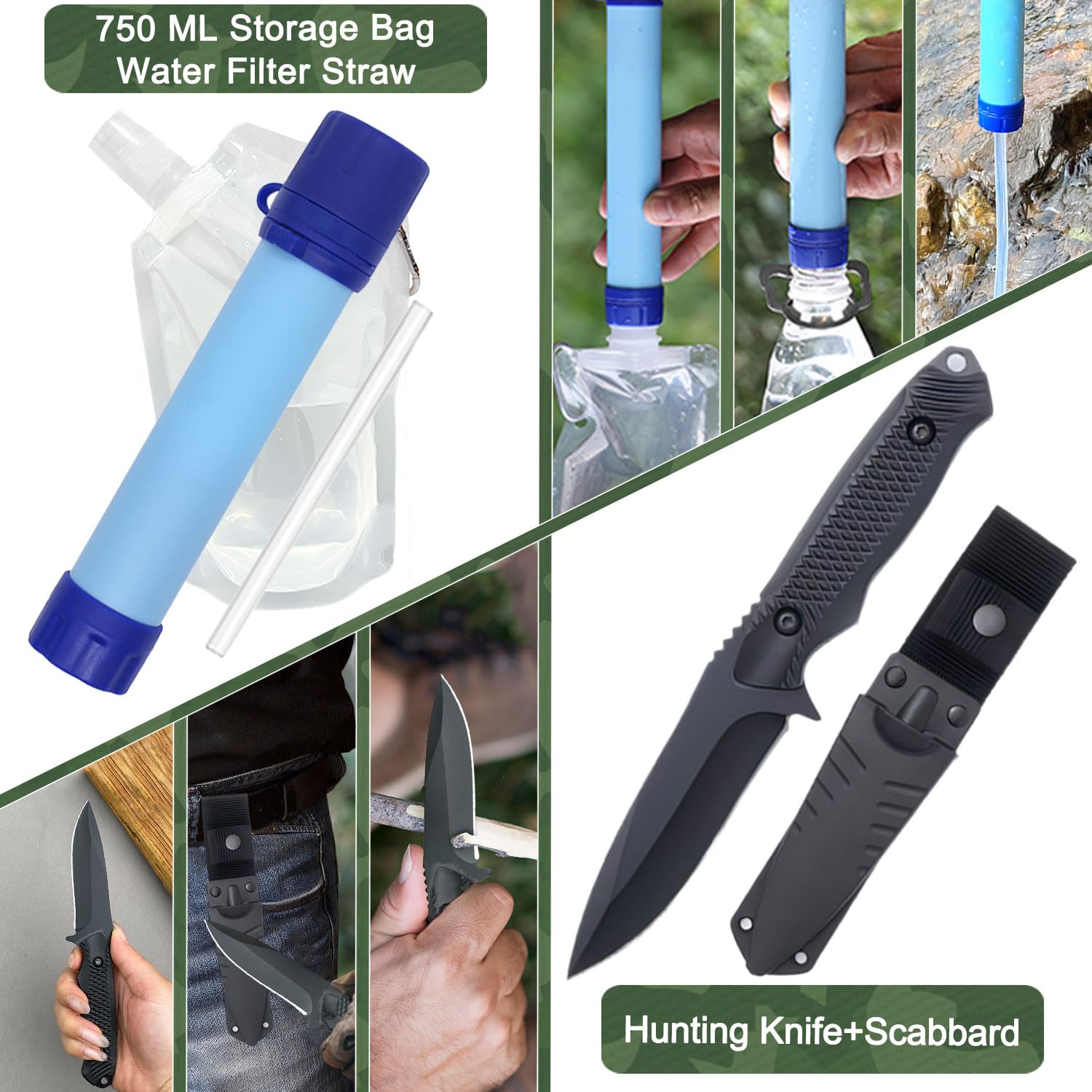 Kit de Supervivencia 22 en 1, Kit de Emergencia para Exteriores, Equipo de Supervivencia para Exteriores con Filtro de Agua para Exteriores, Bolsa de Agua para Camping, Senderismo (Camuflaje)