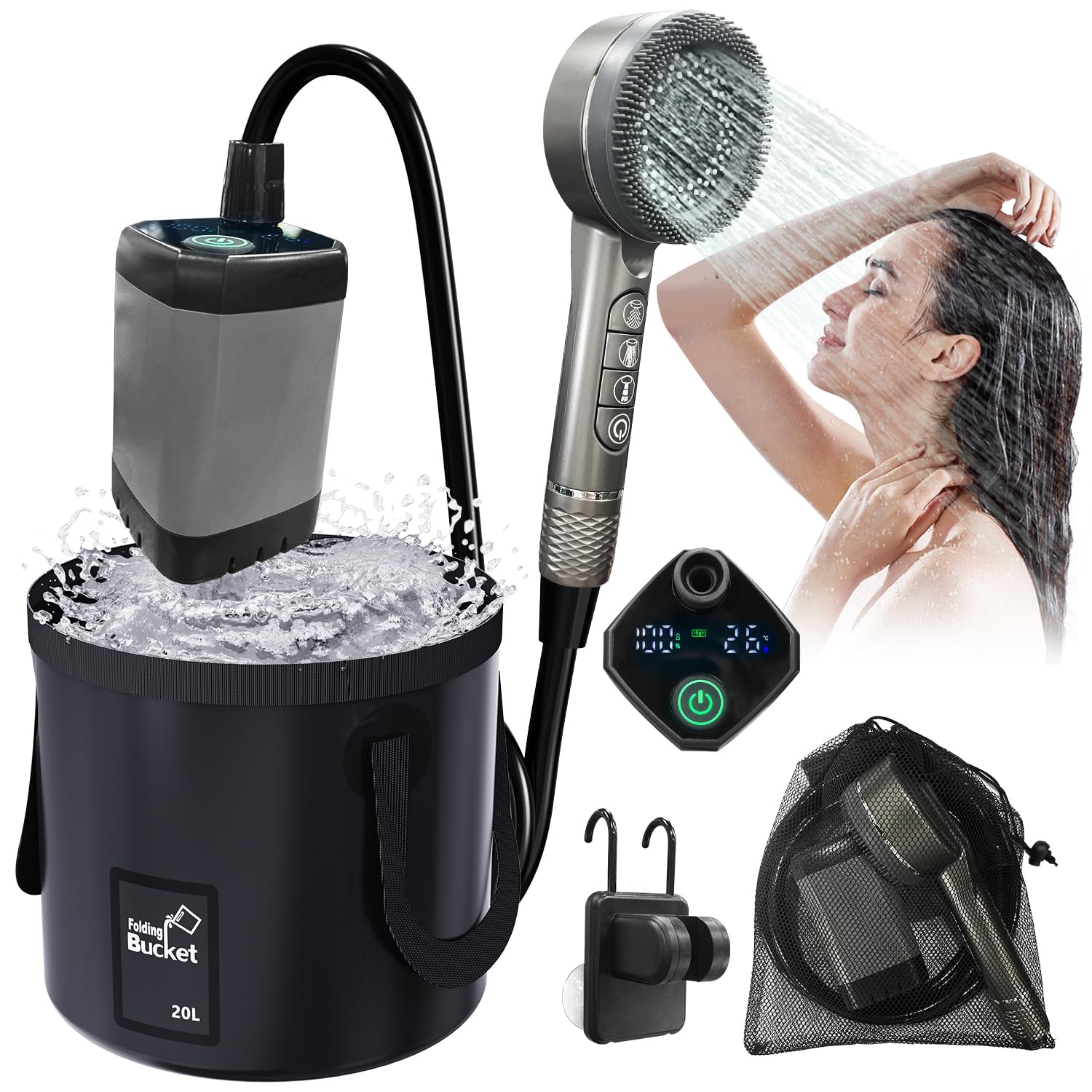 Zelvia Tragbare Campingdusche mit Pumpe und 20L Falteimer Camping Dusche Outdoor mit wiederaufladbarem 6000 mAh für Camping Reisen Garten Haustiere Autowaschen