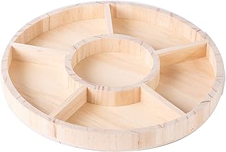 Hammont Round Wooden Tray – 2-Pack – 10″ x 1″ – 6 Section Divided Serving & Snack Platter for Appetizers, Veggies, Montessori Activities