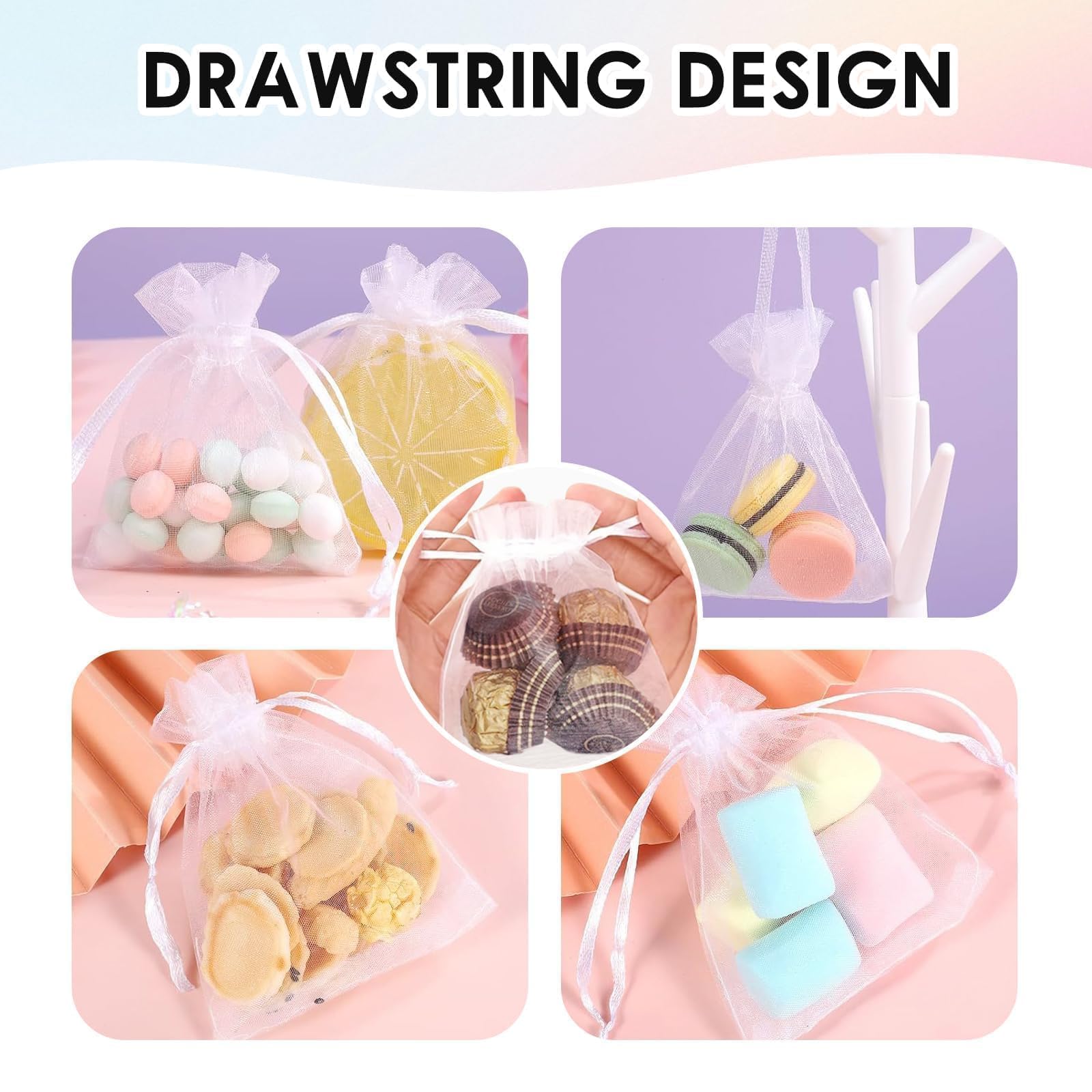 Quelcc 100 Piezas Bolsas de Organza, 7x9cm Bolsas Organza, Bolsitas de Tela Pequeñas Blancas para Bolsas Regalo con Cordón, Bolsita de Tul, Joyas, para Boda Favores Joyas y Dulces