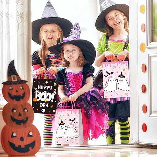 Miniatura 7 de AnyDesign 24 bolsas de regalo de papel de Halloween con asas, 4 diseños de Halloween Boo, bolsas temáticas de fantasma, calabaza, negro, rosa,