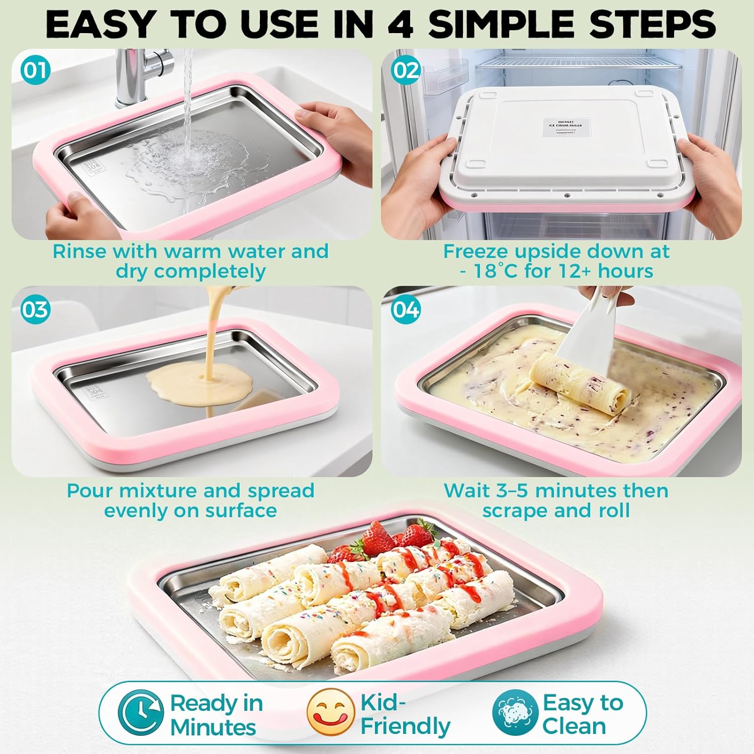 Rolled Ice Cream Maker with Quick Start Guide - DIY Instant Ice Cream Tray Kit, Includes 2 Scrapers for Manual Homemade Ice Cream Rolls, Frozen Yogurt, Sorbets & Slushies, No Electricity Needed（pink）