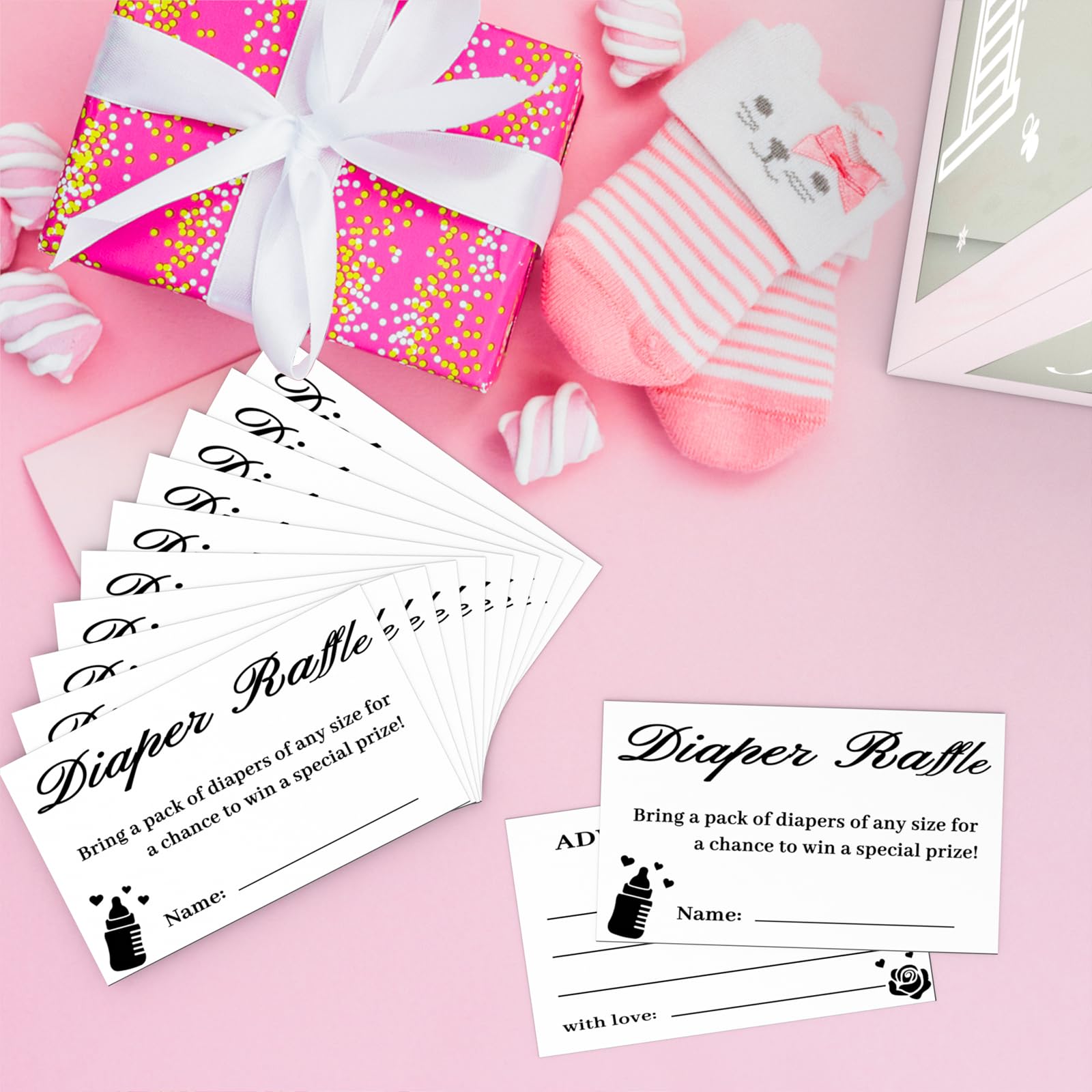 QISOLIY Windel-Tombola Set – 50 Karten + Transparente Box, Für Babyparty & Geschlechtsenthüllung