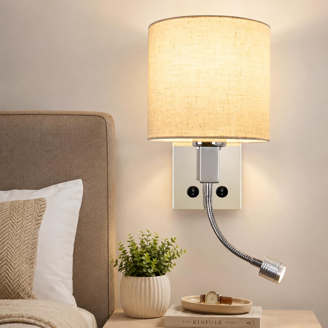 ZMH Applique murale LED pivotant 360° Lampe de lecture avec interrupteur E27 Abat-jour en tissu Éclairage moderne salon