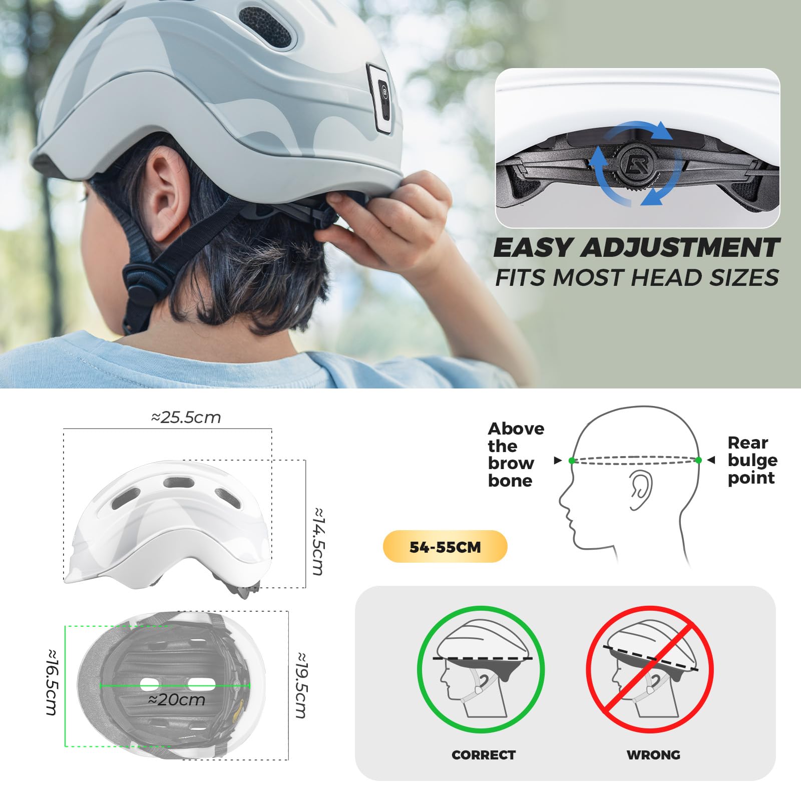 ROCKBROS Casco Infantil Ajustable 54-58 cm, Casco de Bicicleta con Soporte para Niños de 6-18 Años, Protección de Seguridad para Ciclismo MTB BMX Patinete y Deportes al Aire Libre