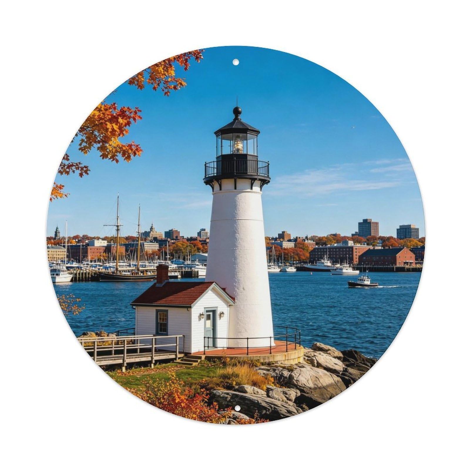 Boston Harbor Lighthouse Autumn Metal Tin Sign Plaque