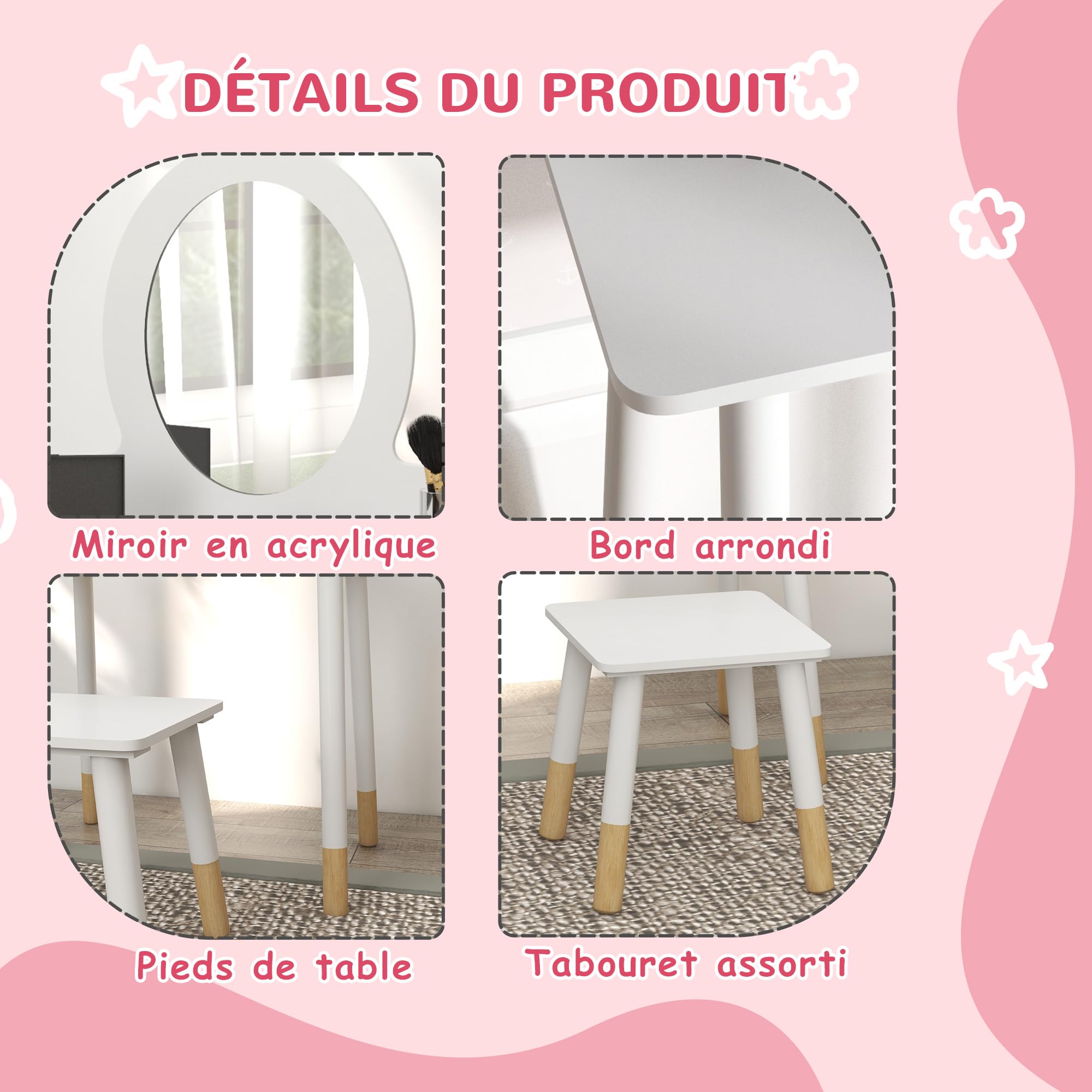AIYAPLAY Ensemble Coiffeuse pour Enfants avec Tabouret, Coiffeuse 2 pièces pour Enfants de 3 à 6 Ans - Blanc