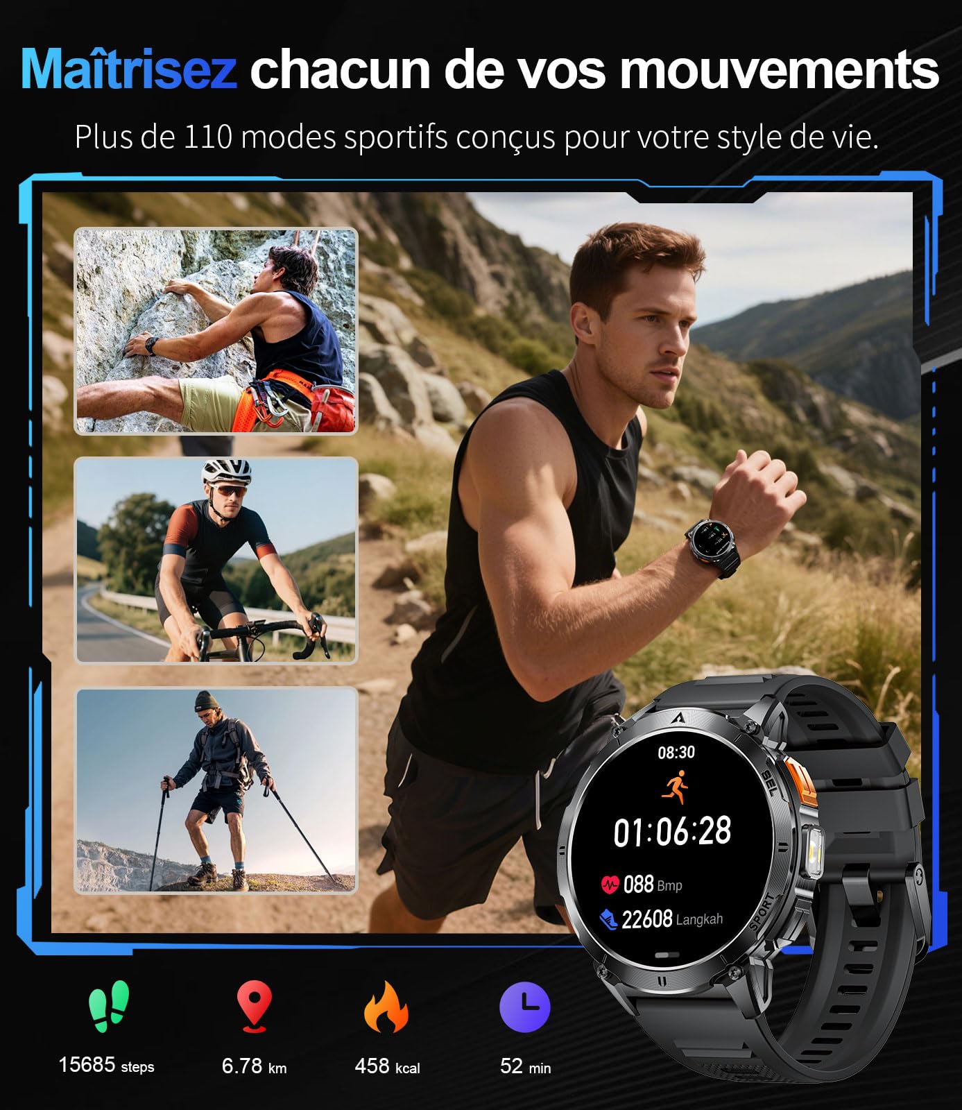 Montre Connectée Homme avec Appels Bluetooth et Écran HD AMOLED 1.62", Étanche IP68 et Batterie 730mAh Smartwatch avec 110+ Modes Sportifs/Sommeil Moniteur pour Android iOS, 2 Chargeurs(Type-C, USB)