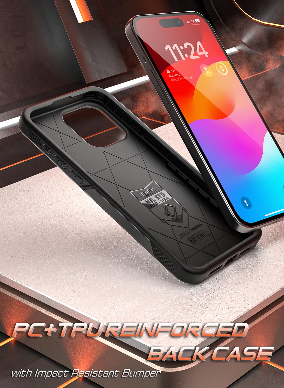 Poetic Custodia Neon Per IPhone 14 Pro Max - Antiurto Doppio Strato Sottile Con Ricarica Wireless, Nero Con Accento Arancione