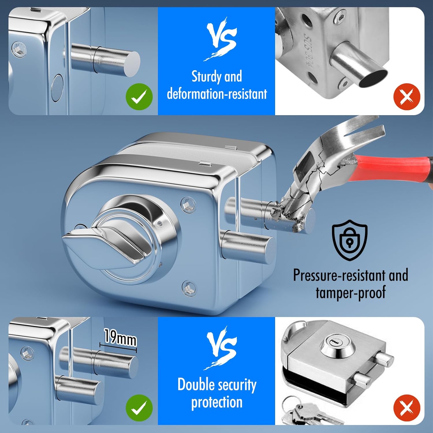 Ranbo Swinging Glass Door Latch Lock No Drilling 304 Stainless Steel Gound Bolt Lock for 3/8-1/2 Inch(10mm-12mm) Exterior and Interior Frameless Sliding Glass Door with 2 Keys, Polished Chrome