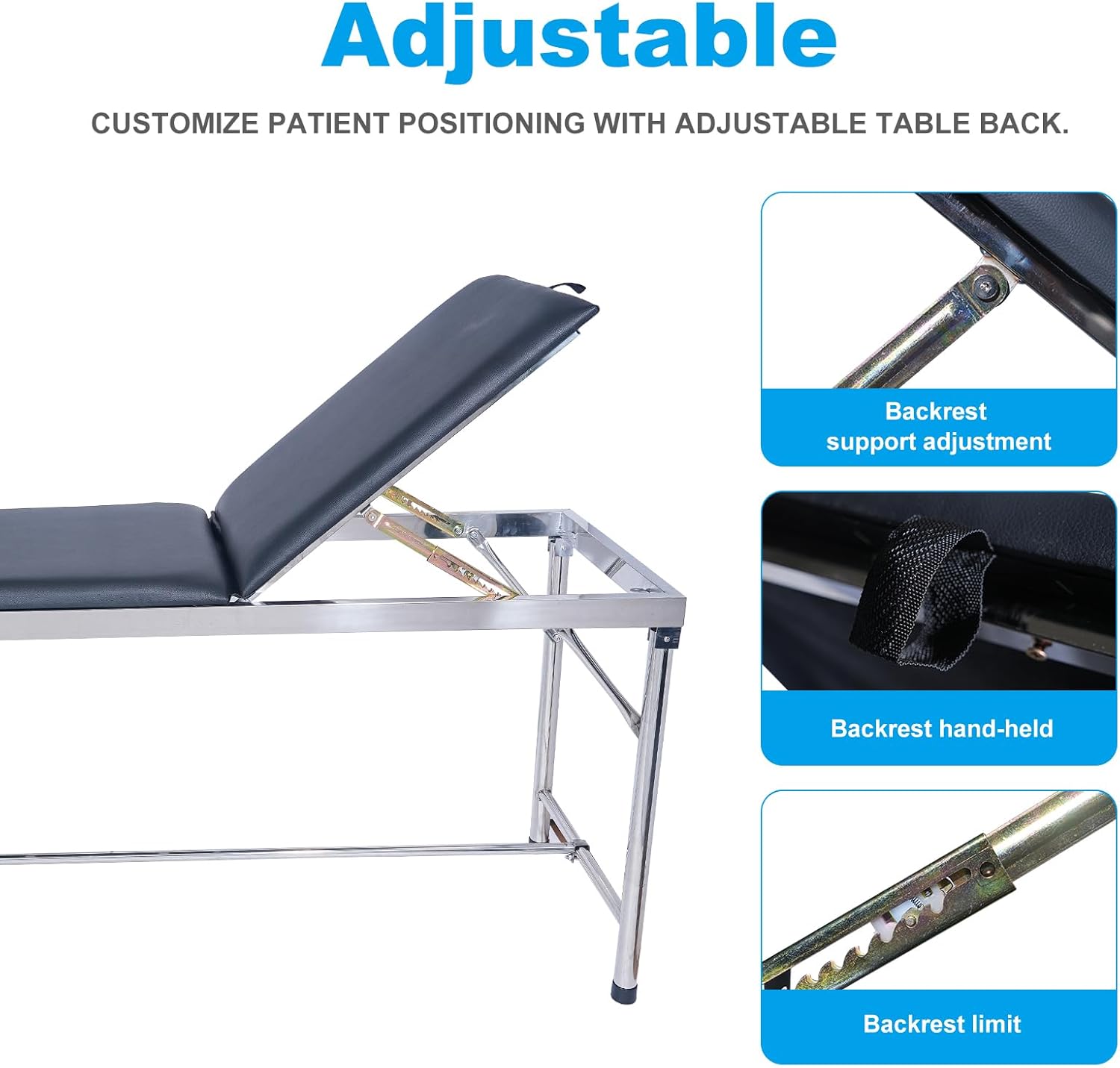 Advanced Examination Bed with Paper roll Dispenser - Inspection Table/Adjustable backrest/Stirrups/Black/Stainless Steel/Fold The outriggers. (Legs are Foldable)