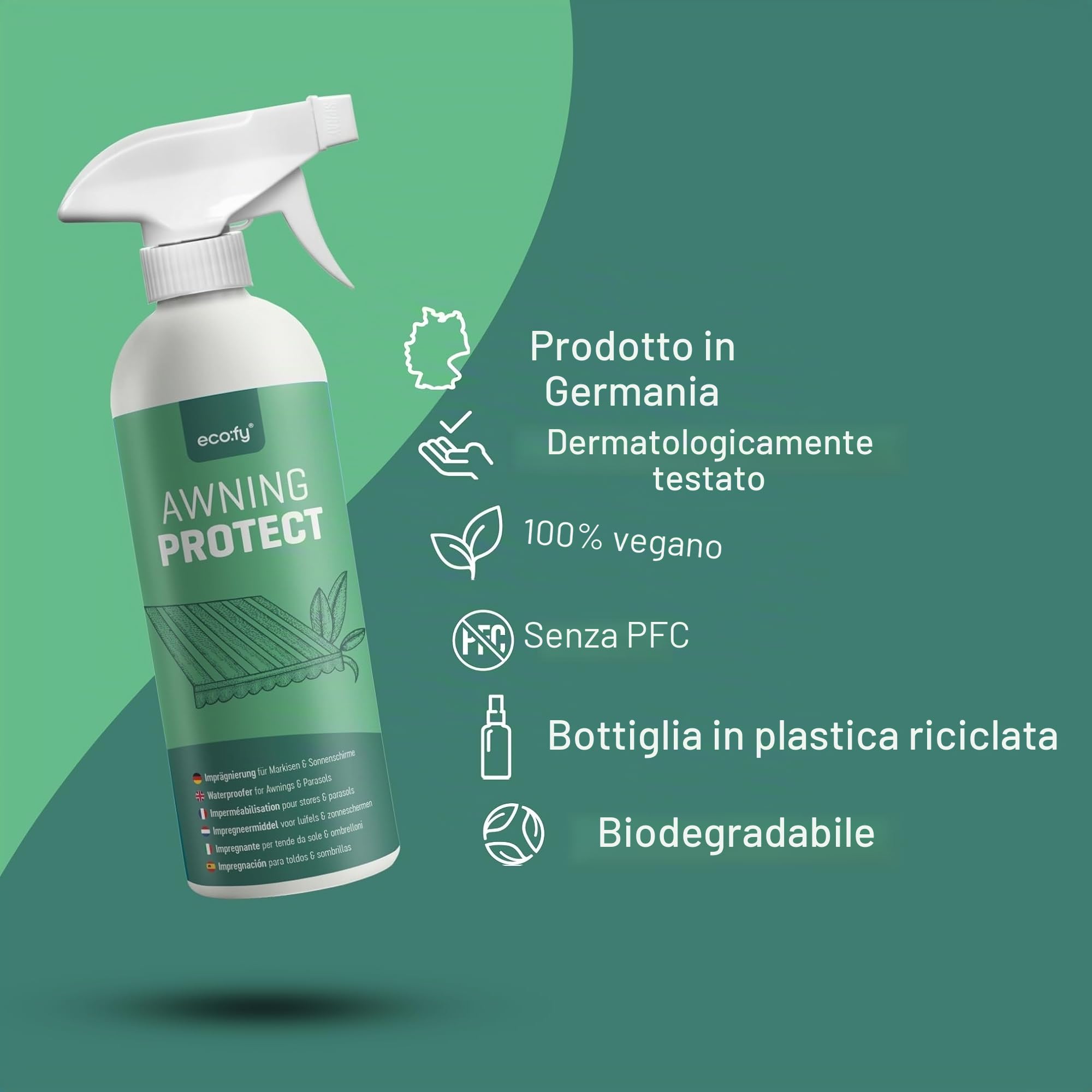 Tenda da sole, impermeabilizzante, 5 l, spray impregnante per tende da sole, ombrelloni e parasole, protezione da umidità e sporco, resistente ai raggi UV, privo di PFC e biodegradabile