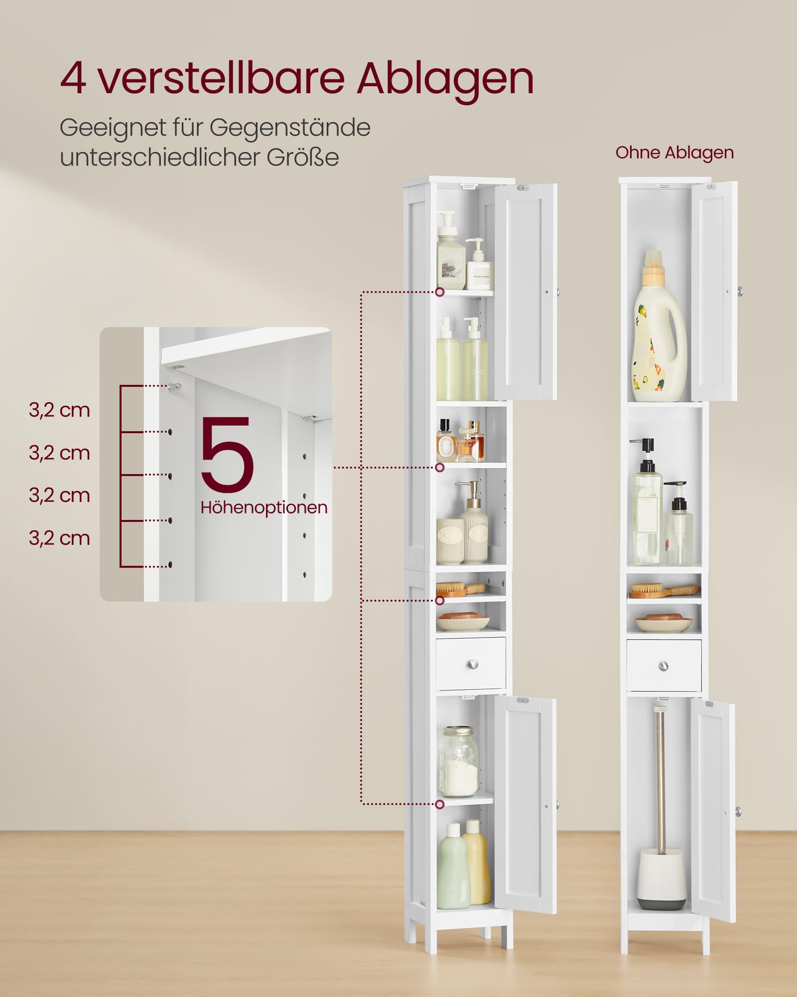 VASAGLE Badezimmerschrank, Badschrank, hoch, schmaler Aufbewahrungsschrank, mit verstellbaren Ablagen, Schublade, offenen Fächern, für kleine Räume, modern, wolkenweiß BBC765W01