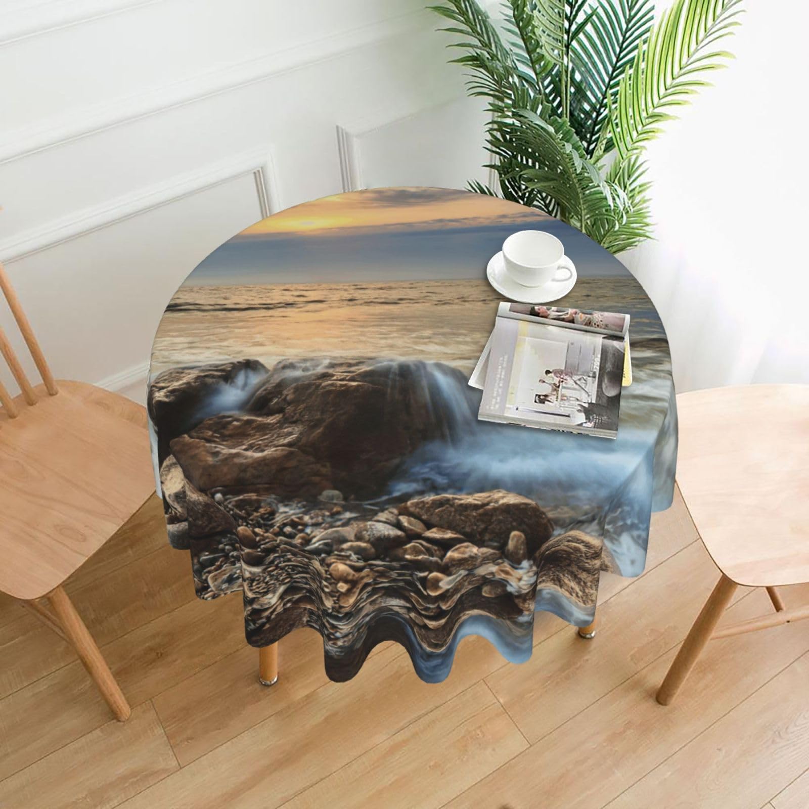 Zcmkjlg Rocky Wave Sunset Painting Print Quick Ship Round Tablecloth 60in Polyester Washable Cover for Dining Room