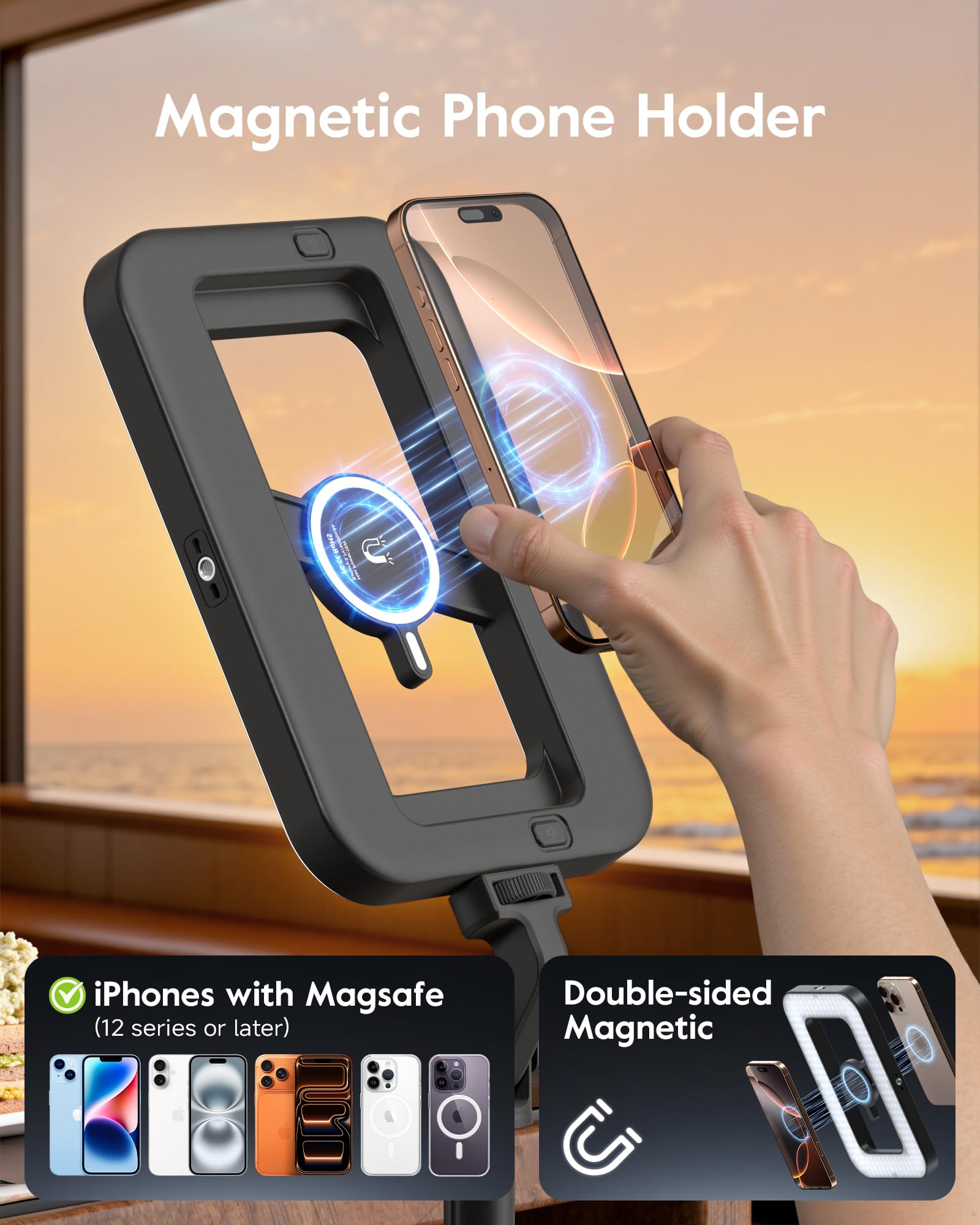 15W Ringlicht mit Stativ, 6000mAh Magnetisches Handy Stativ mit Ringlicht, 2500K–9000K Dimmbar, Tragbares Ring Light für Food Fotografie, Mukbang, Reise Vlog, Live-Stream, CRI＞95