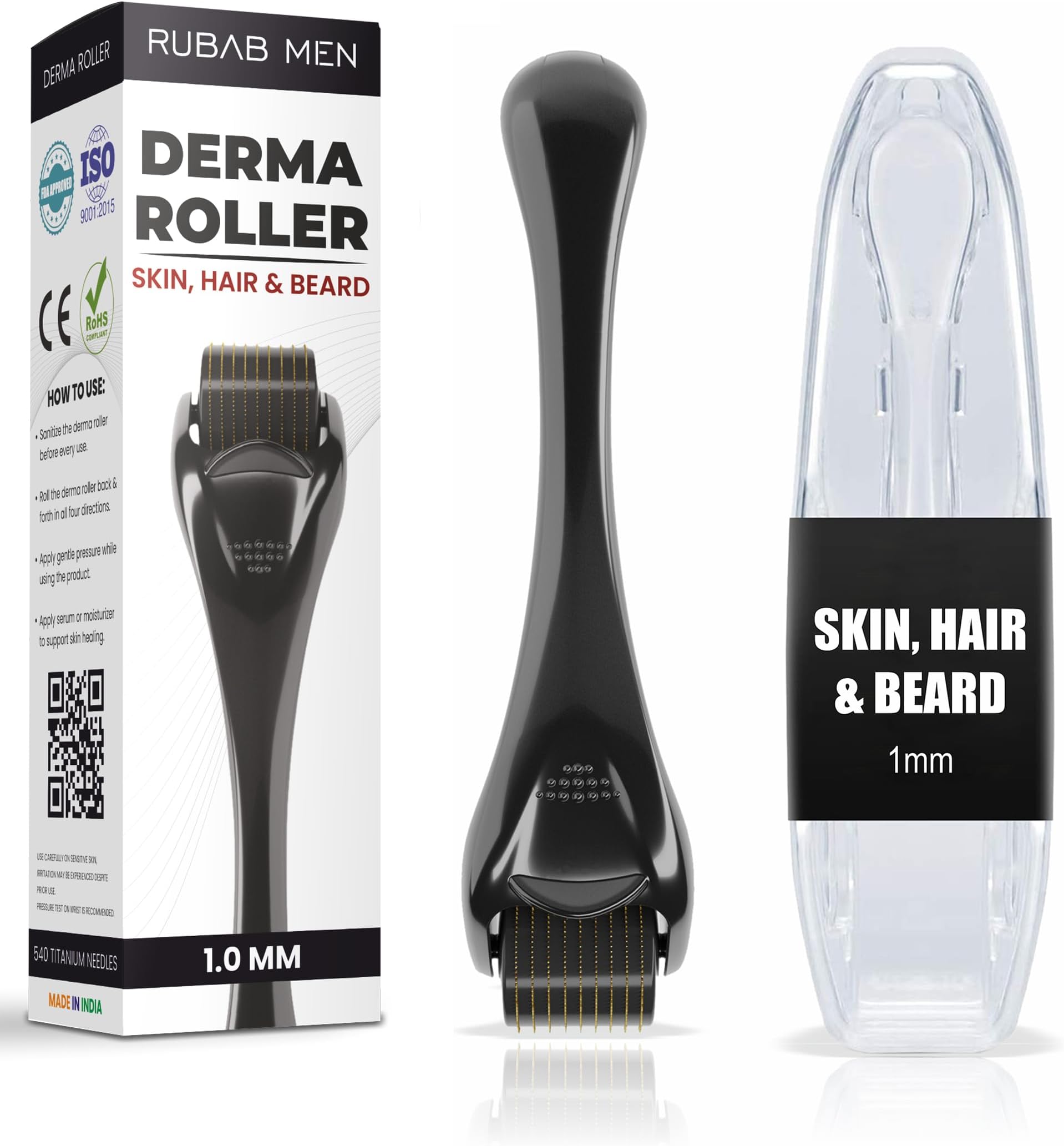 Rubab Men 1mm Derma Roller For Hair Growth with 540 Titanium Needles| Rejuvenates Skin & also Activates Hair Follicles for Faster Thicker Hair & Patchy Beard Growth| Easy to Use
