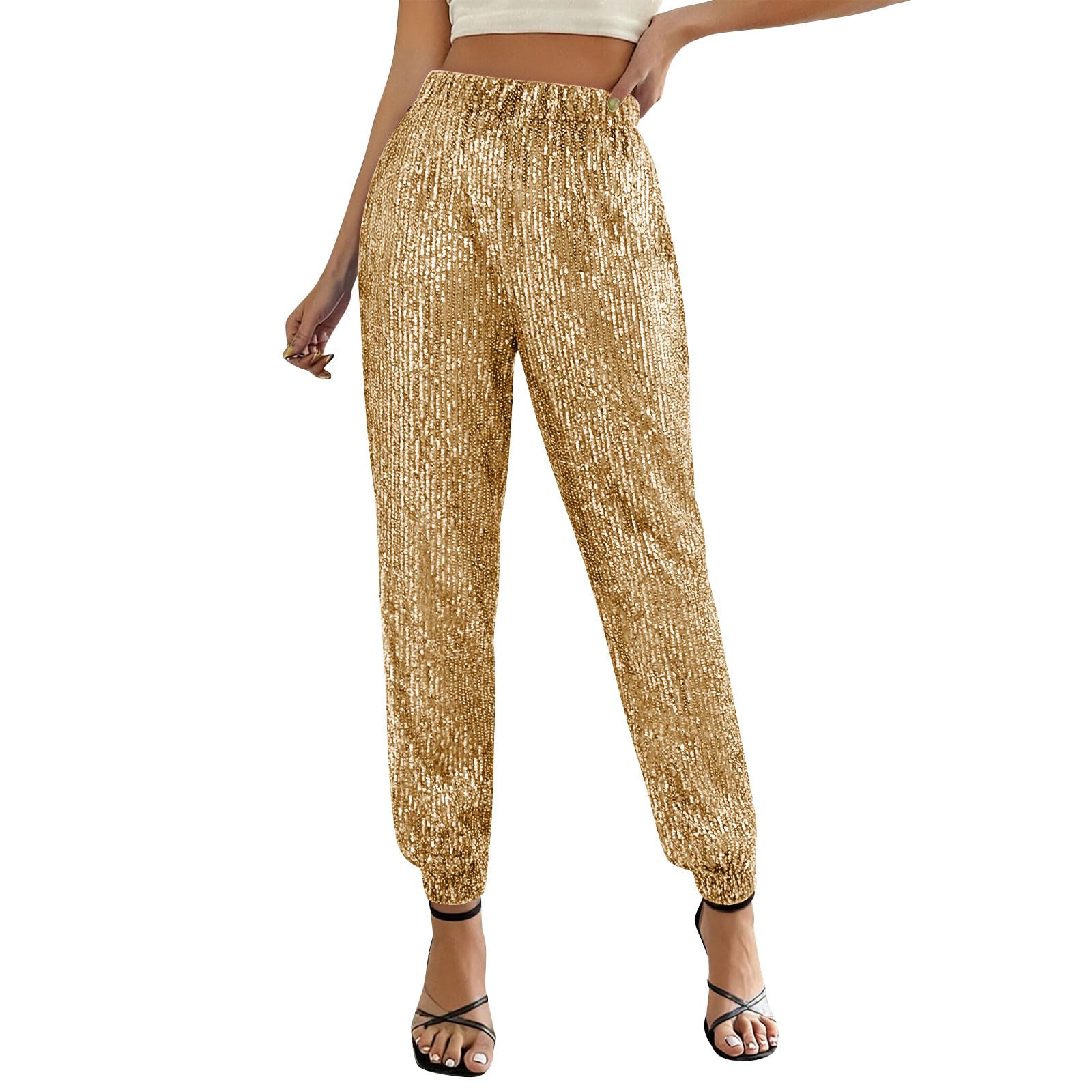 Womens Wide Leg Sparkle Sequin Pants Elastic High Waisted Bling Glitter Shiny Cinch Bottom Party Dance Pants
